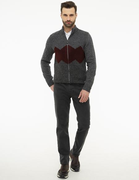 Gri Slim Fit Yün Karışımlı Fermuarlı Triko Hırka - 50208779013