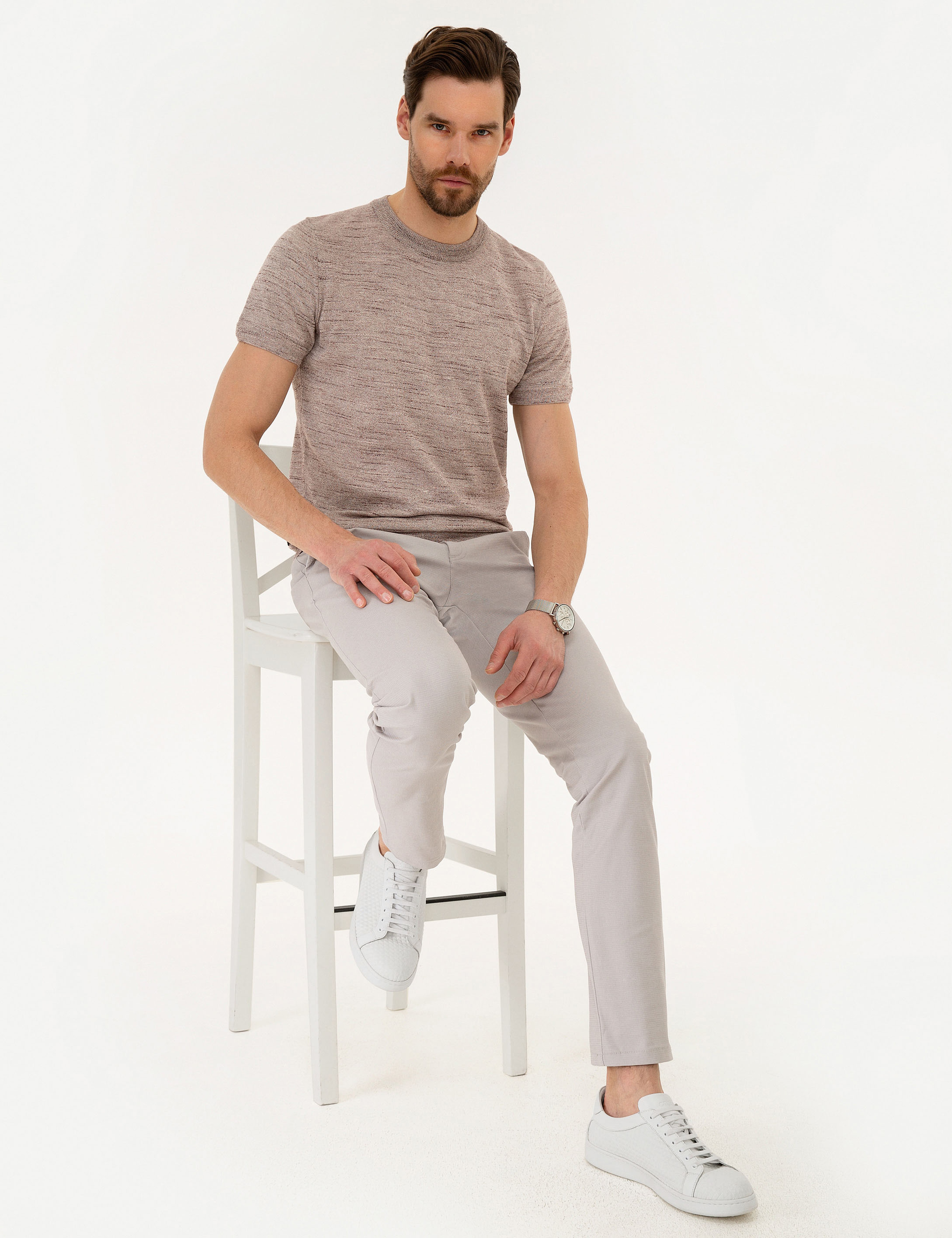 Gül Kurusu Slim Fit Bisiklet Yaka Triko Tişört - Image 1