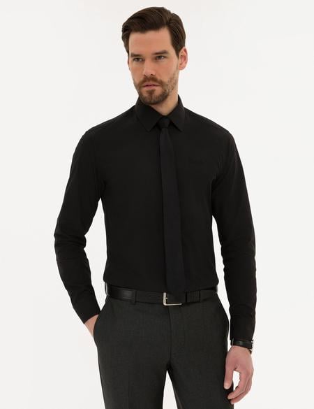 Siyah Slim Fit Uzun Kollu Basic Gömlek - 50223121015