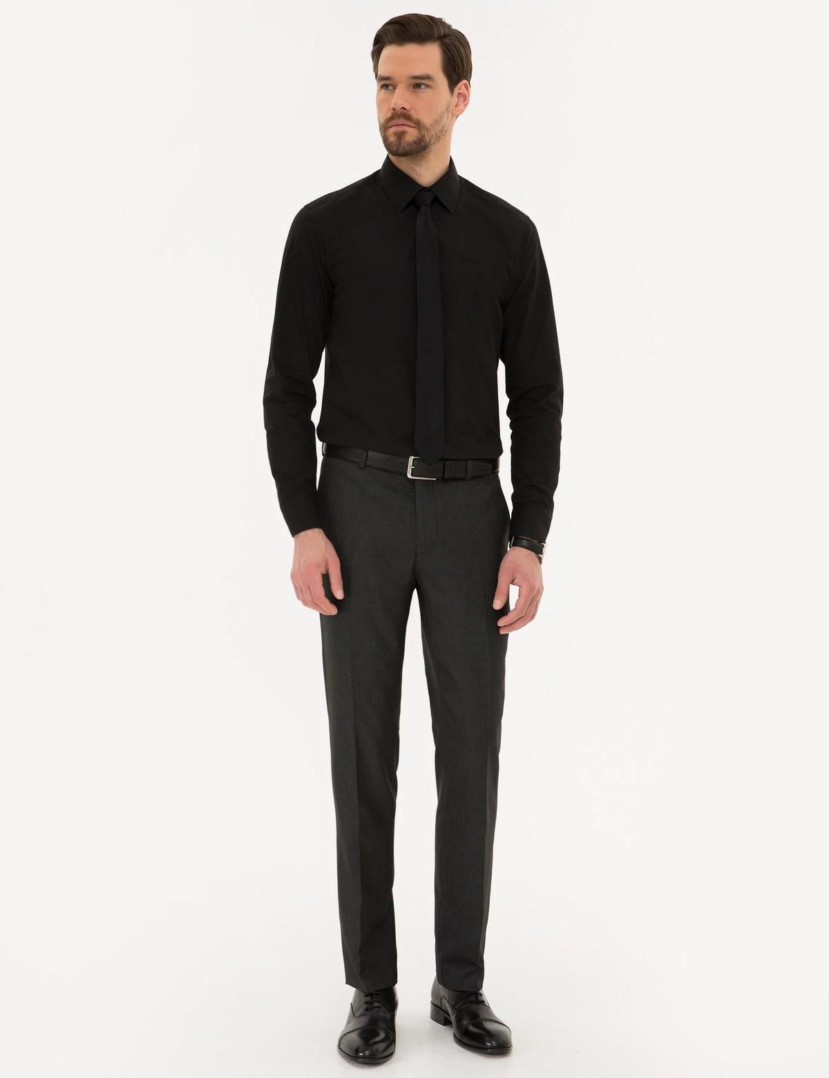 Siyah Slim Fit Uzun Kollu Basic Gömlek - 50223121015