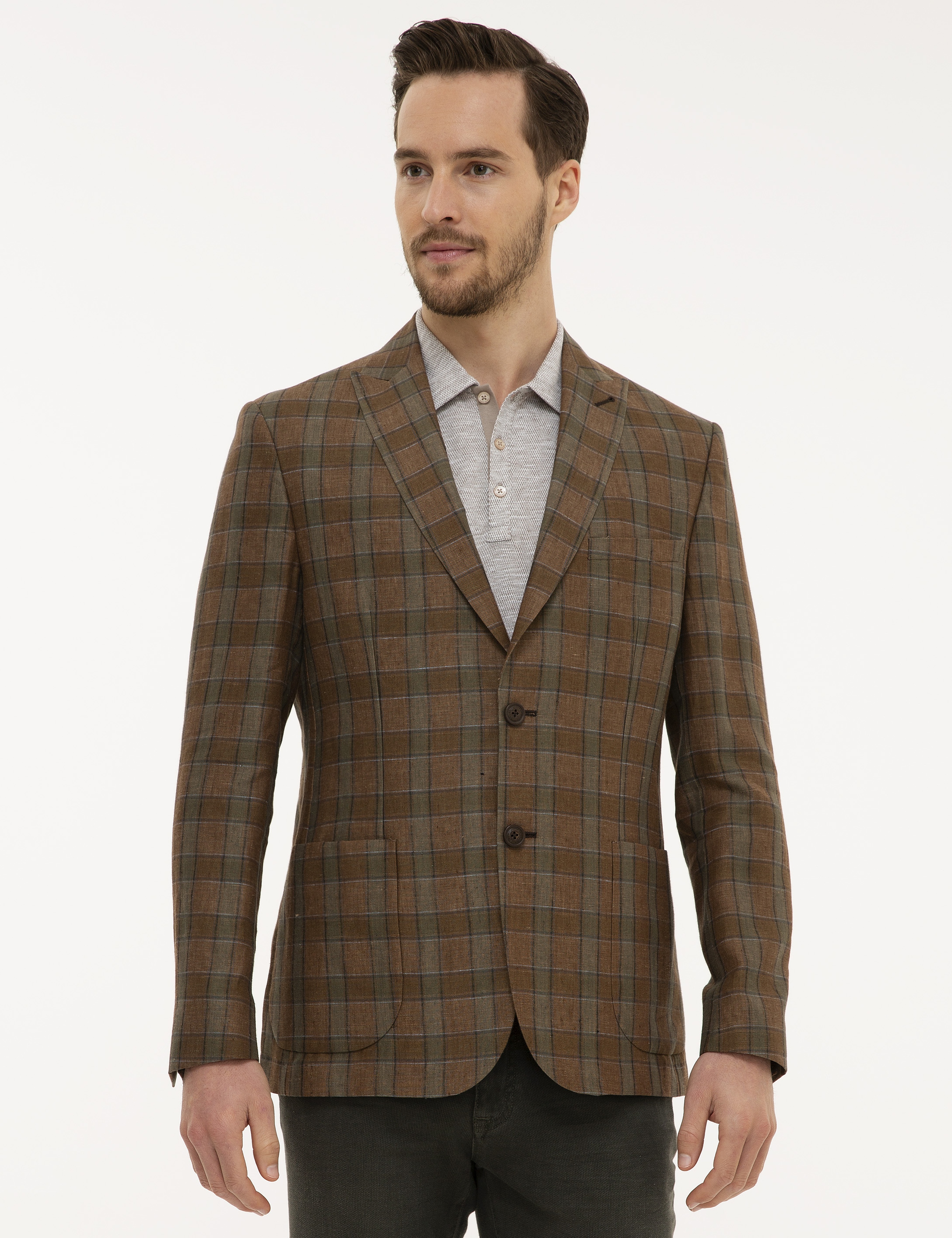 Açık Kahverengi Slim Fit Ekose Ceket - Image 1