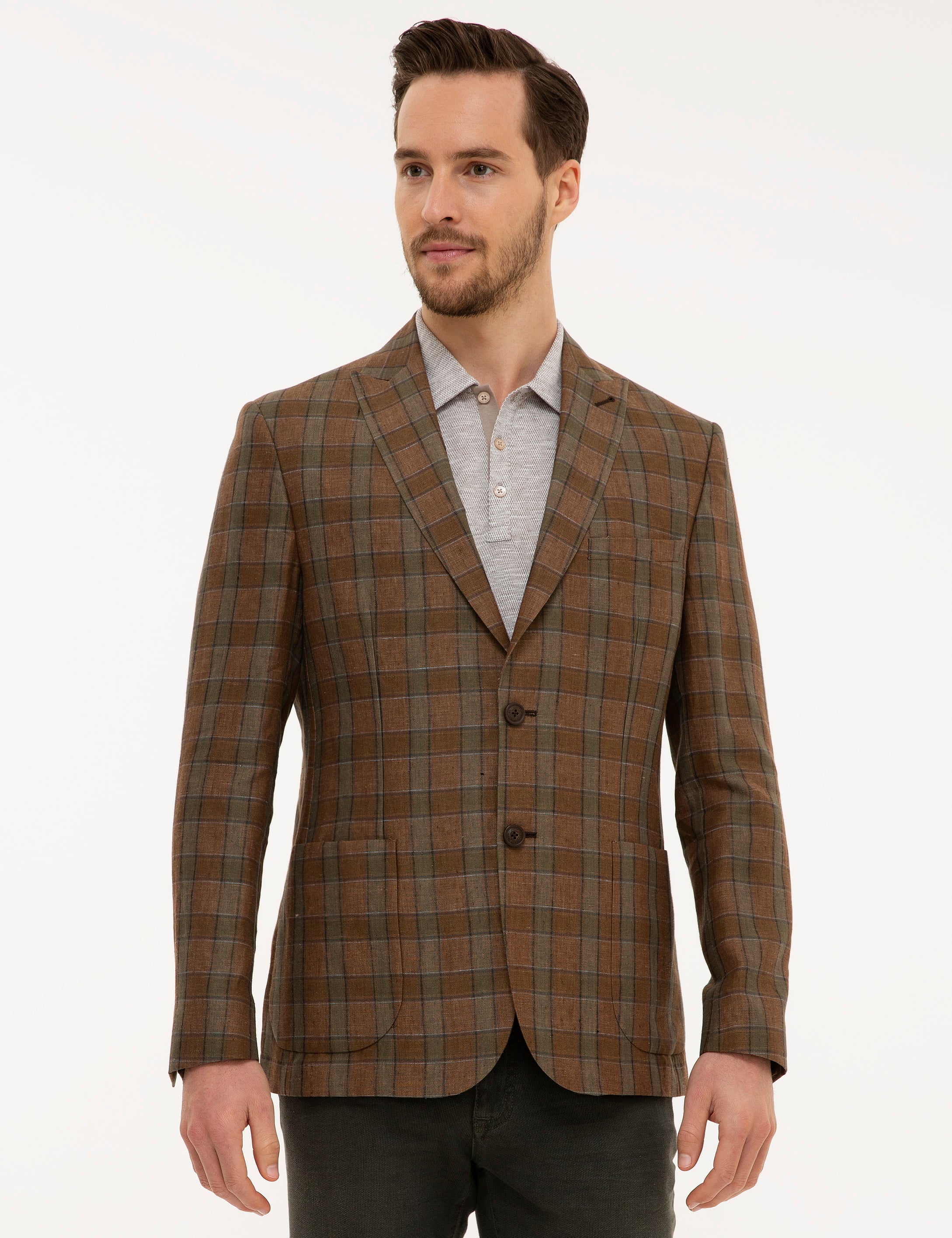 Açık Kahverengi Slim Fit Ekose Ceket