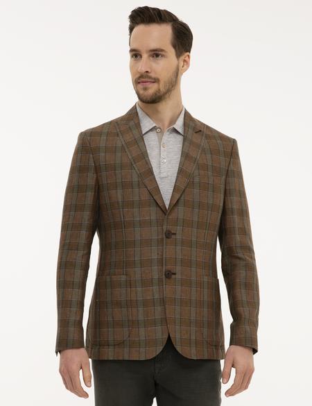 Açık Kahverengi Slim Fit Ekose Ceket - 50225549008