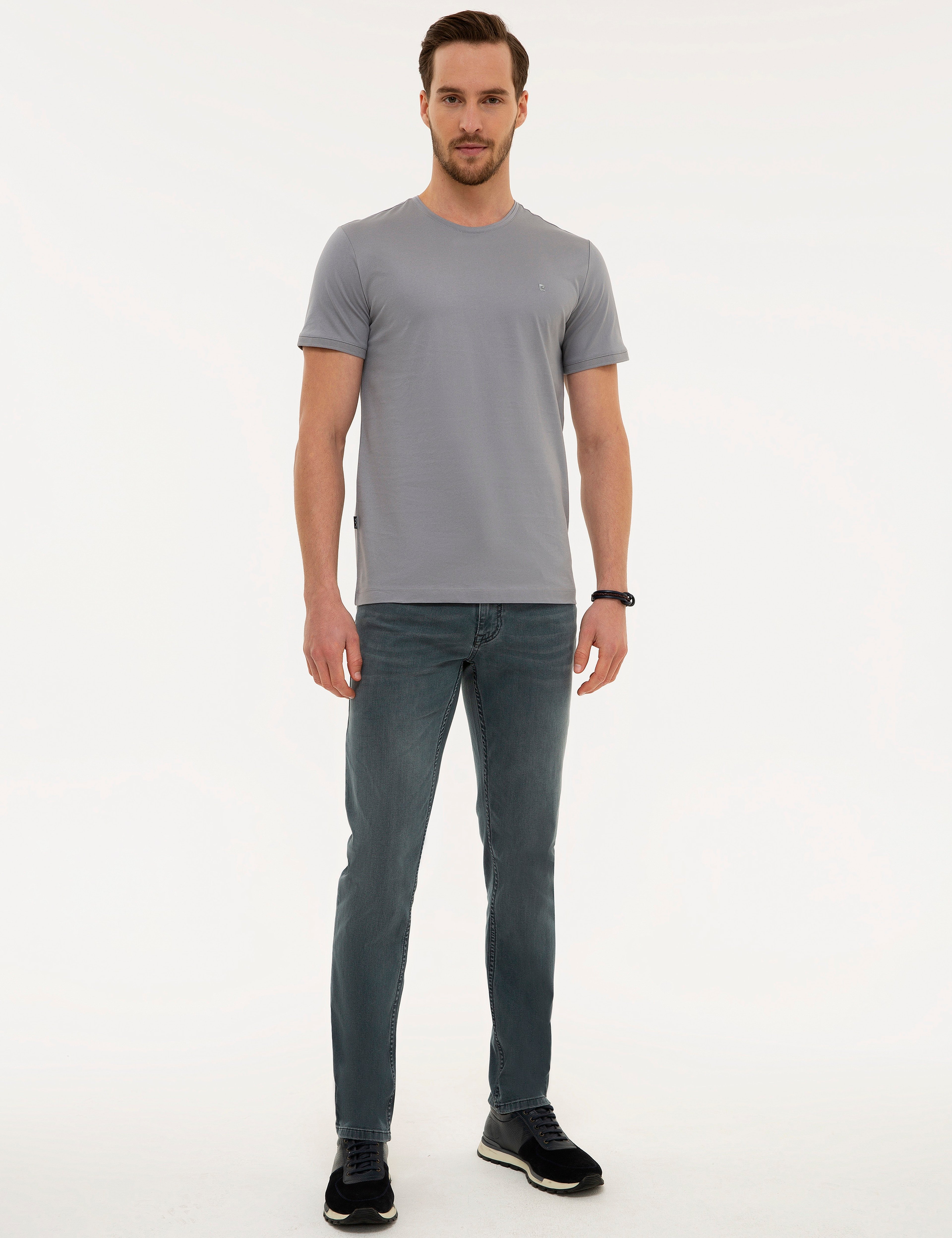 Gri Slim Fit Bisiklet Yaka Basic T-Shirt - Image 4