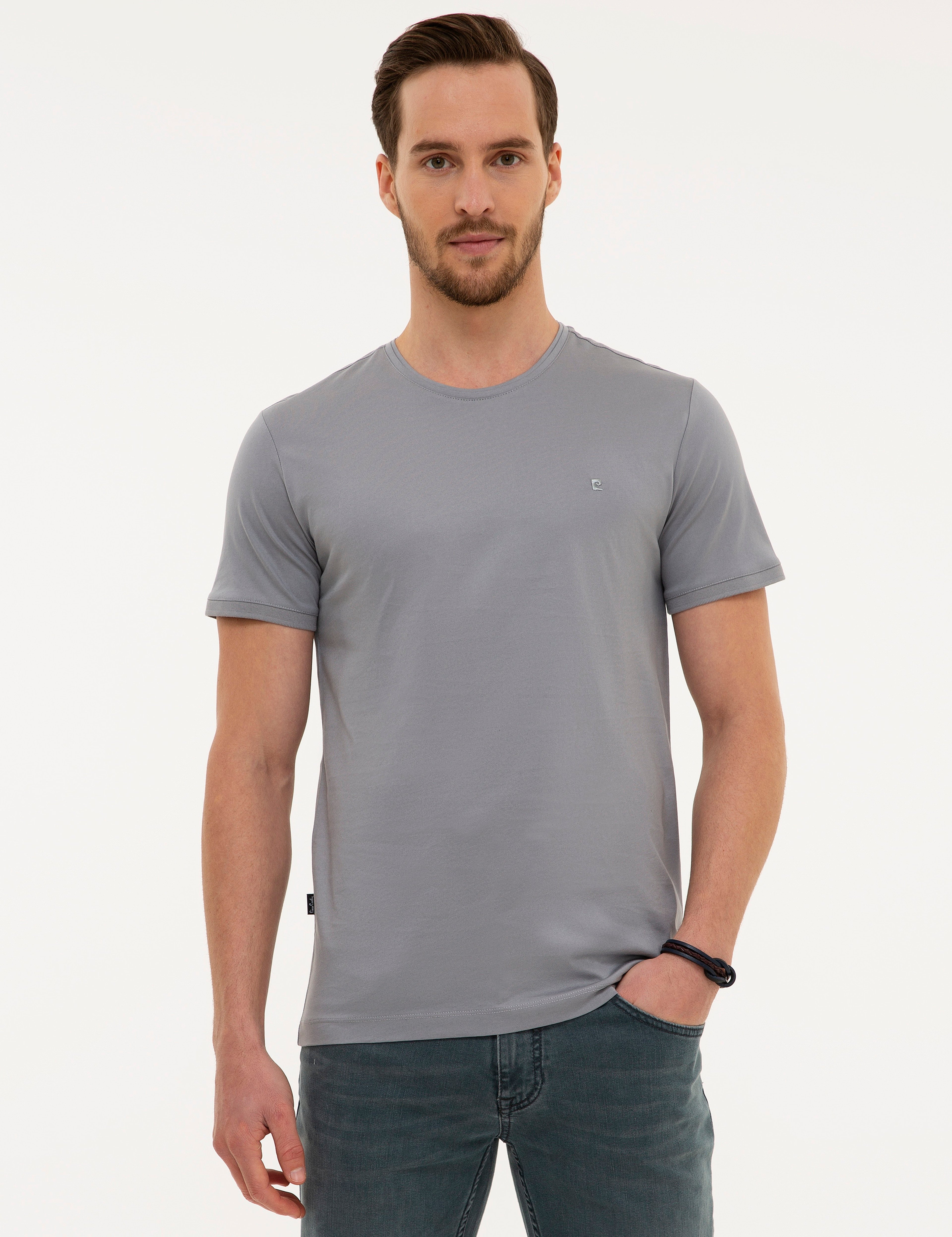 Gri Slim Fit Bisiklet Yaka Basic T-Shirt - Image 2
