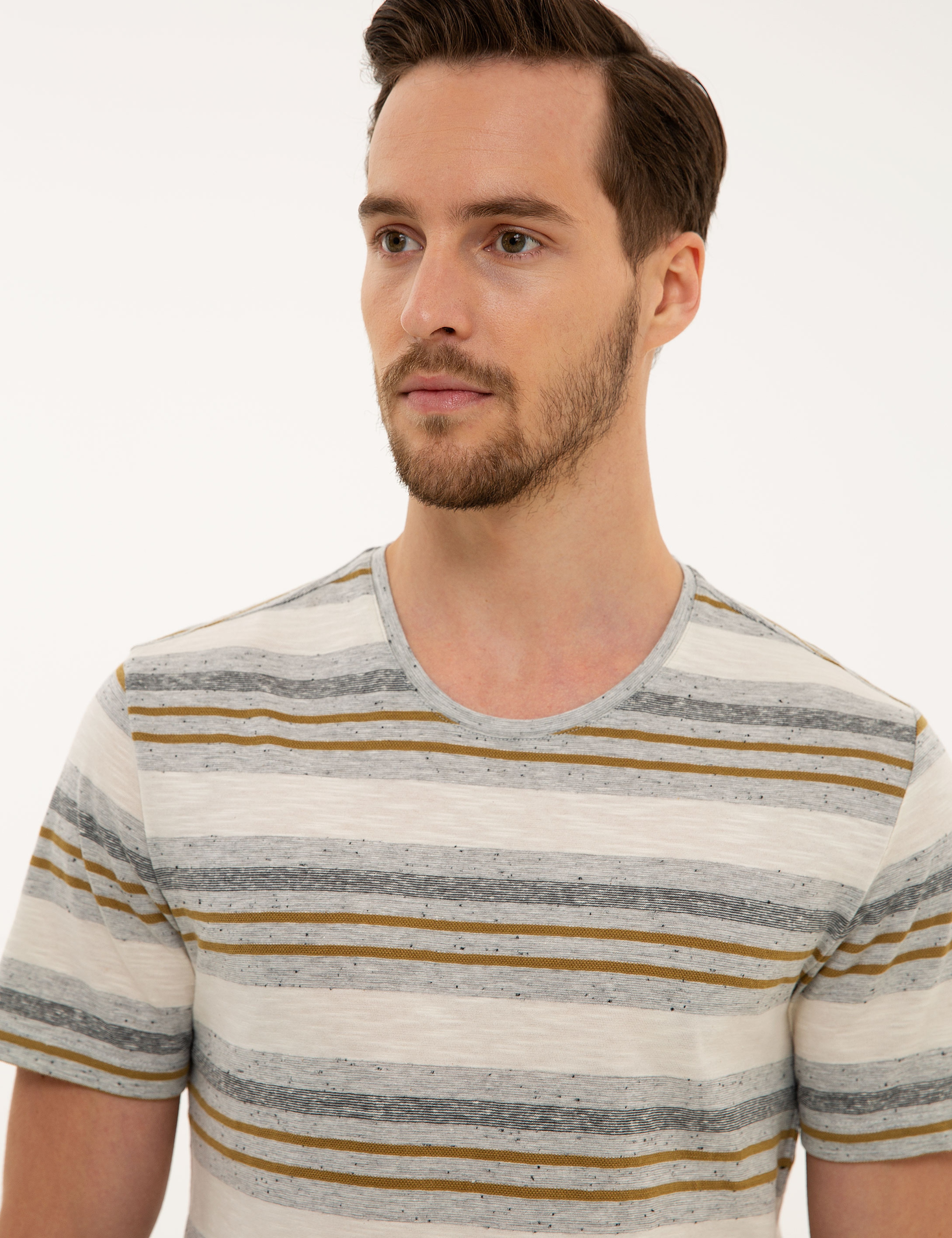 Açık Gri Melanj Slim Fit Bisiklet Yaka T-Shirt - Image 2