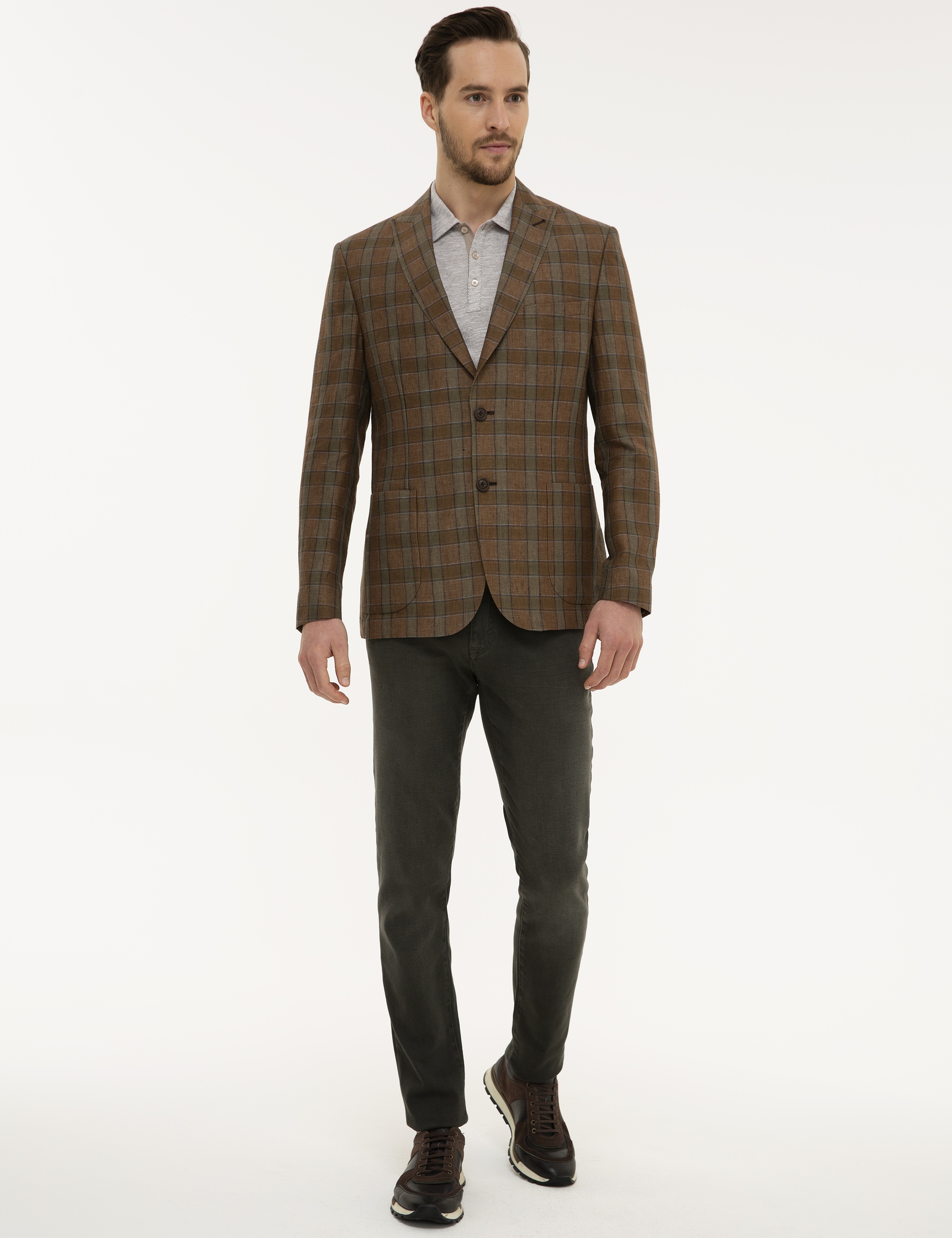 Açık Kahverengi Slim Fit Ekose Ceket