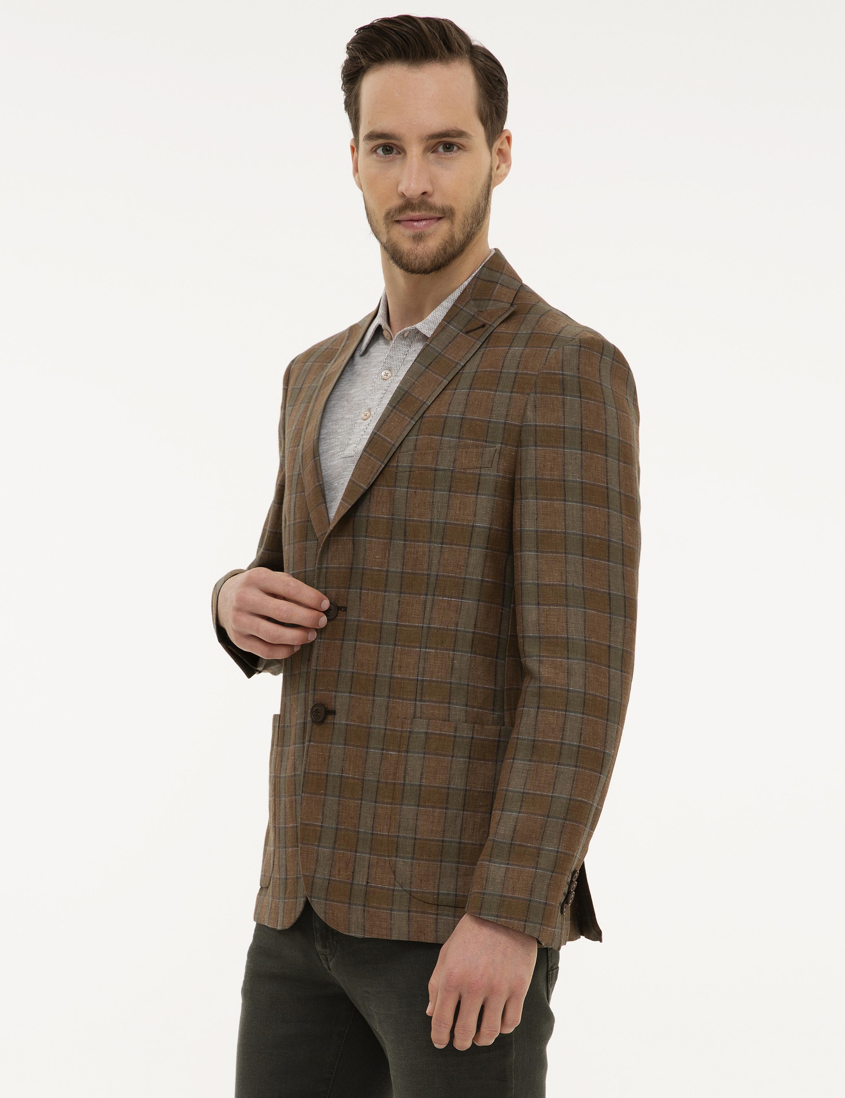 Açık Kahverengi Slim Fit Ekose Ceket