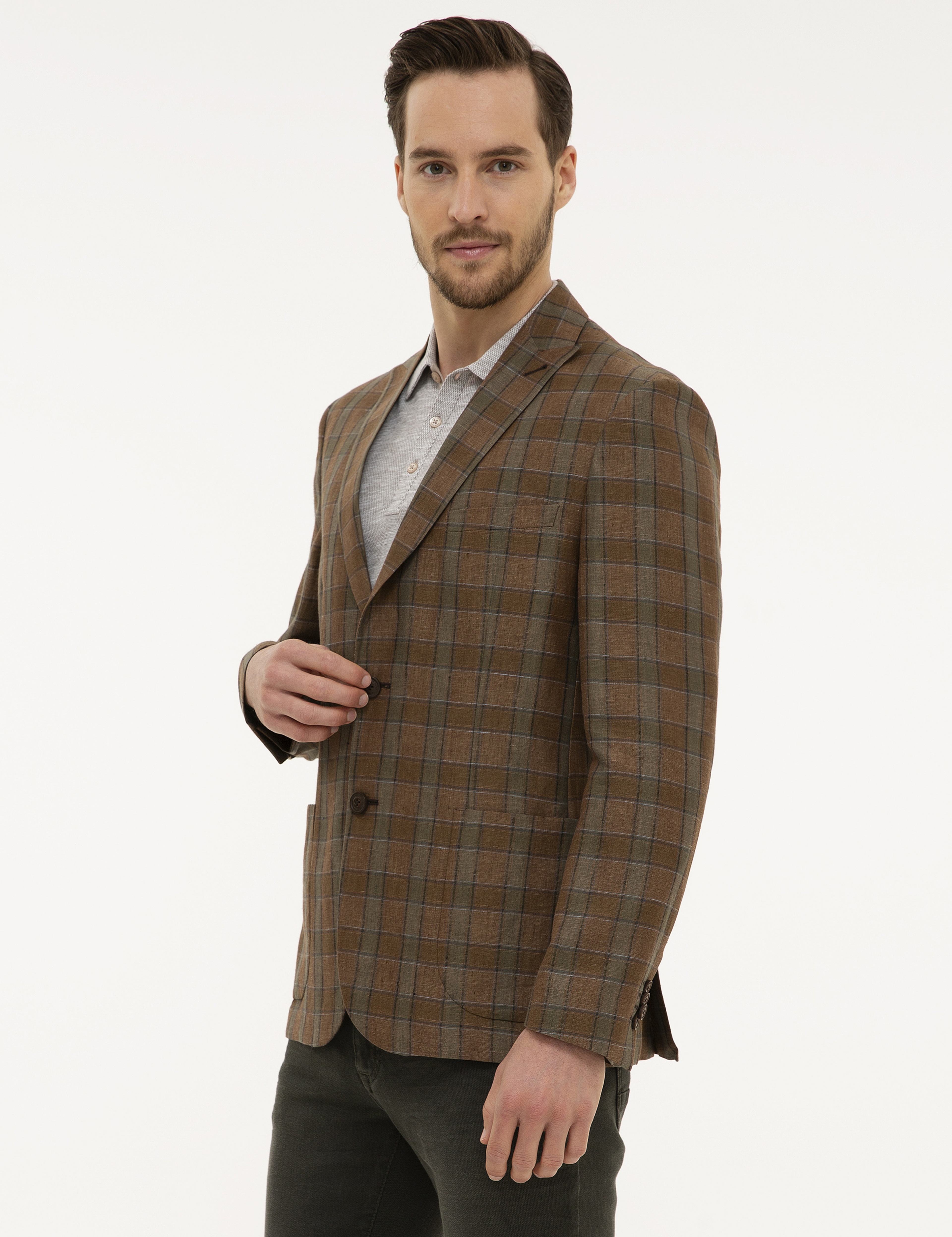 Açık Kahverengi Slim Fit Ekose Ceket - Image 3