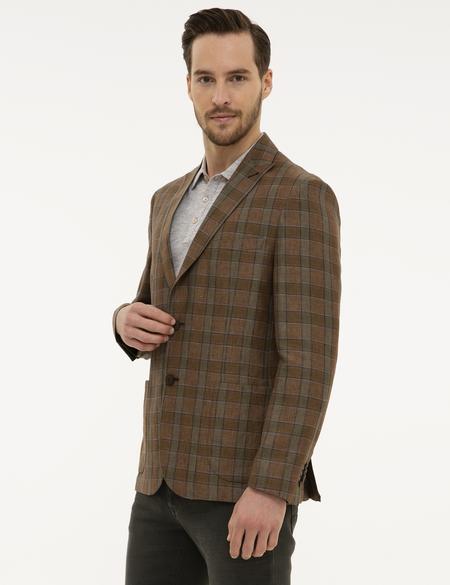 Açık Kahverengi Slim Fit Ekose Ceket - 50225549008
