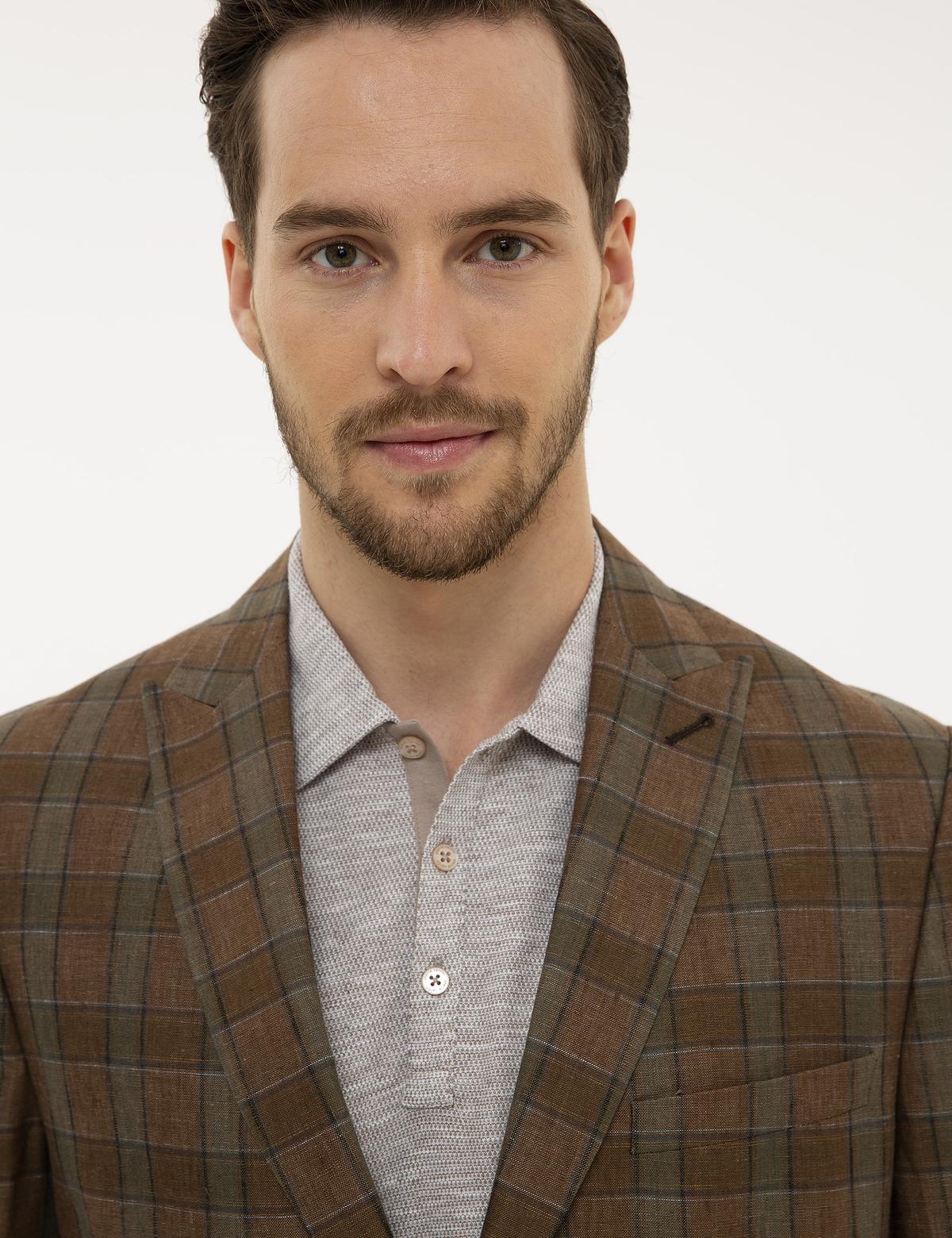 Açık Kahverengi Slim Fit Ekose Ceket - 50225549008