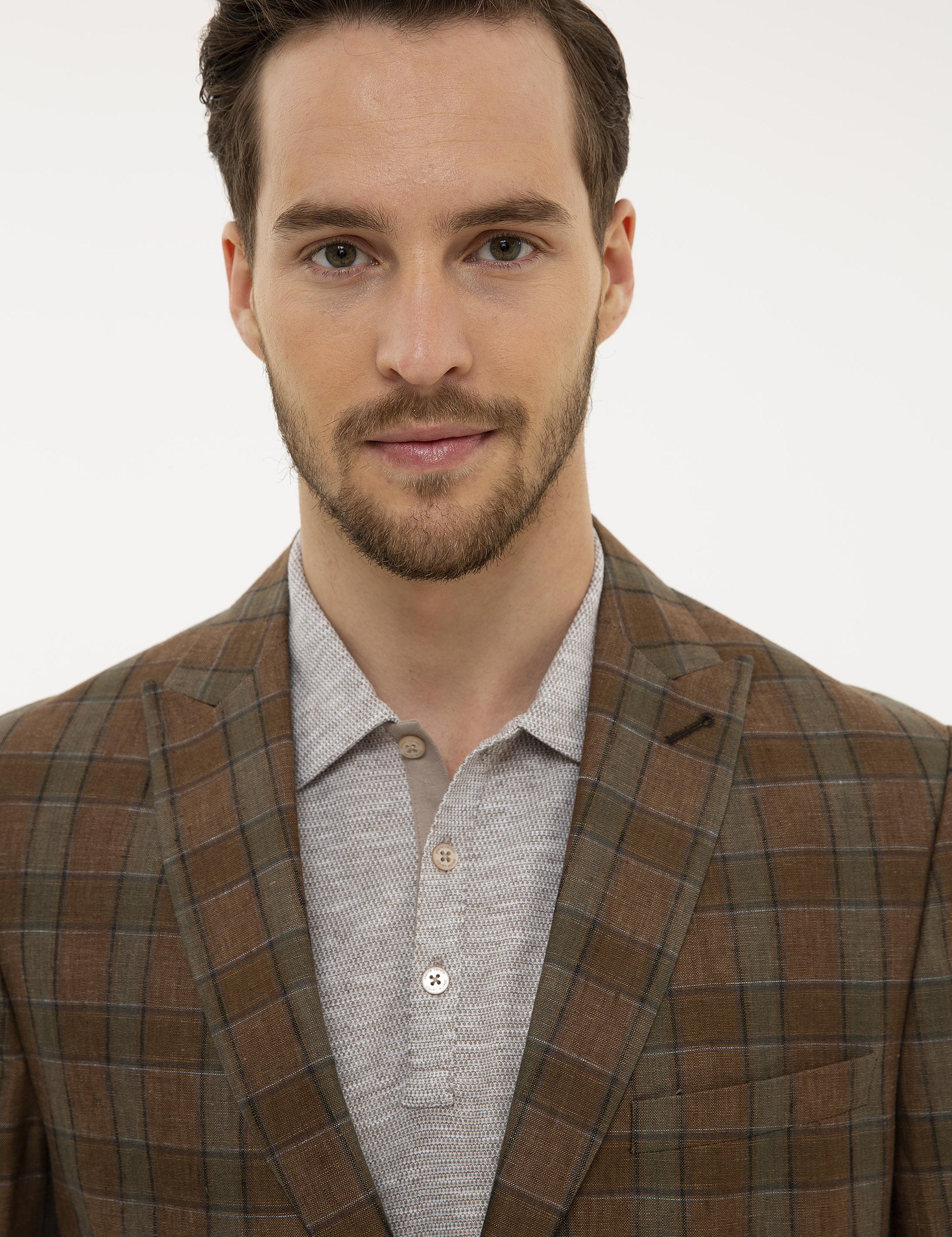 Açık Kahverengi Slim Fit Ekose Ceket