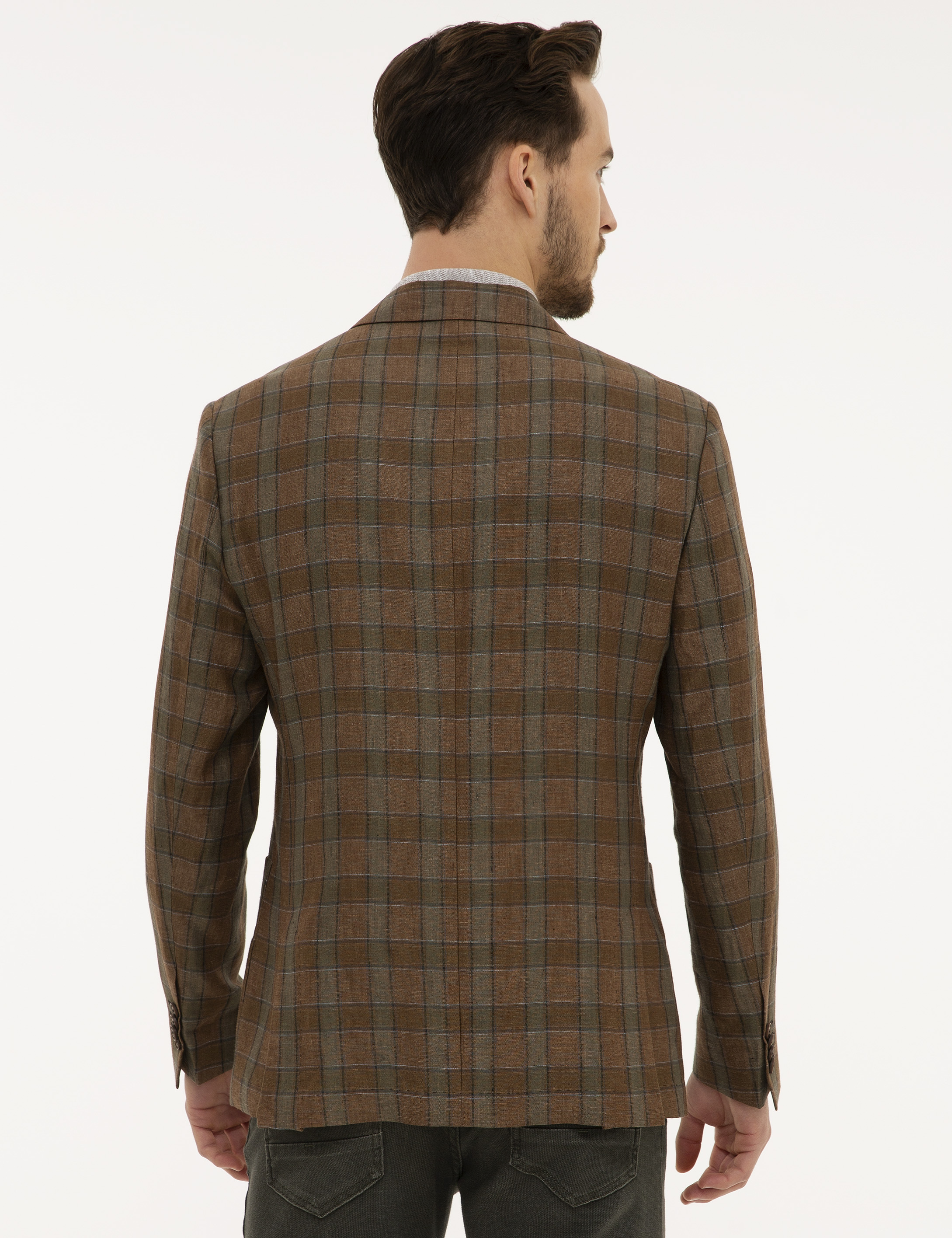 Açık Kahverengi Slim Fit Ekose Ceket