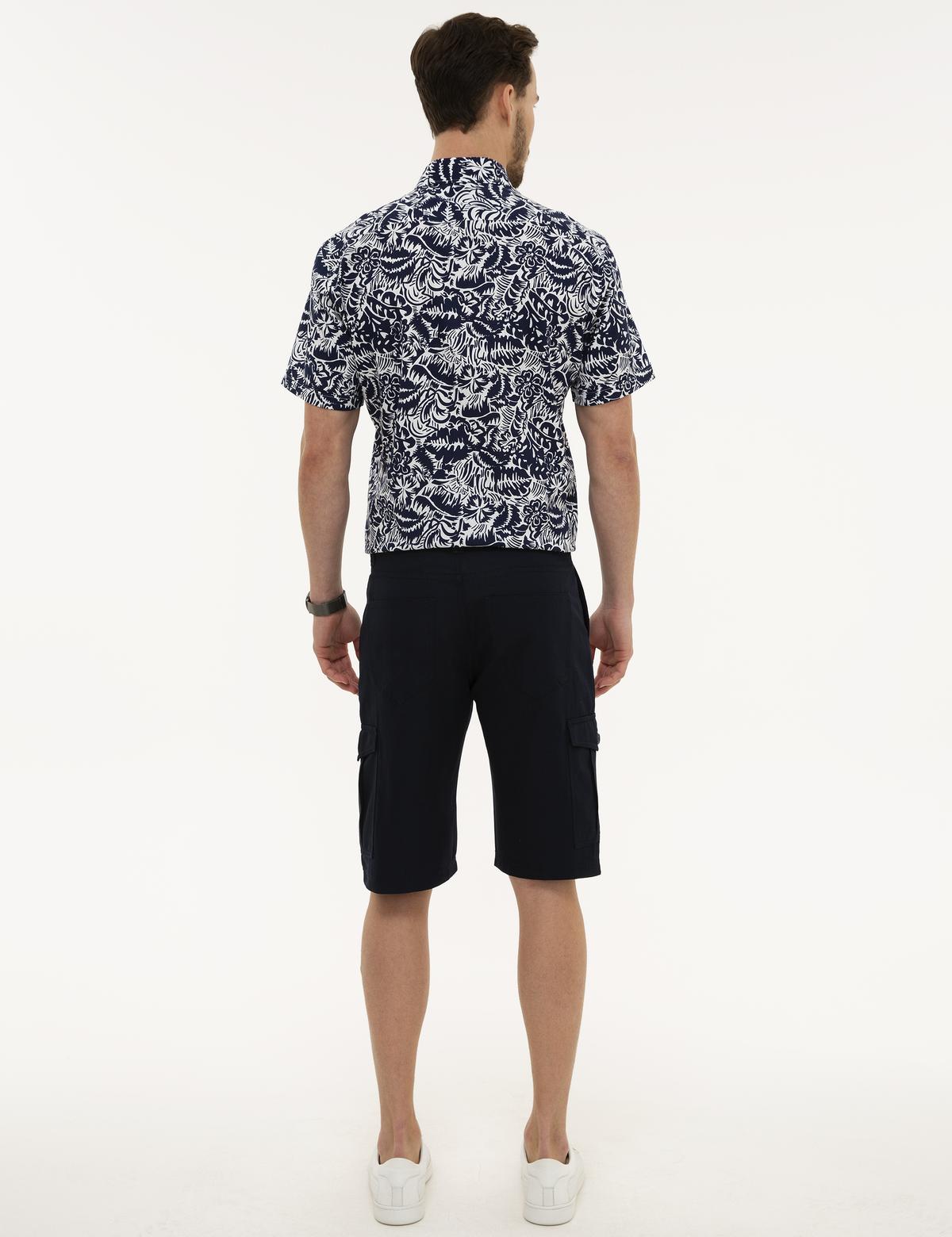 Lacivert Standart Fit Keten Karışımlı Kargo Cepli Bermuda Şort - 50220785038