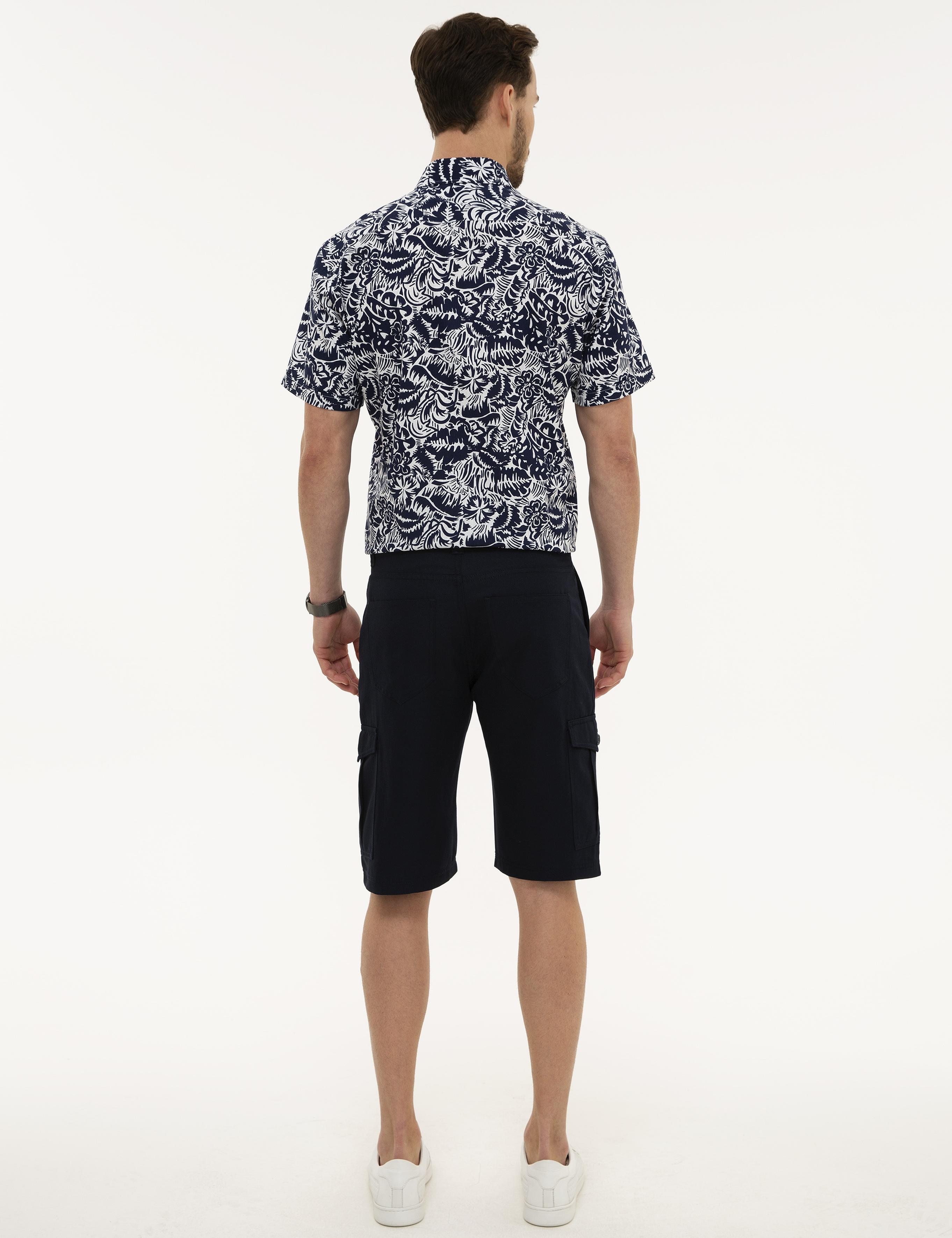 Lacivert Standart Fit Keten Karışımlı Kargo Cepli Bermuda Şort