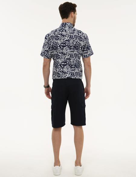 Lacivert Standart Fit Keten Karışımlı Kargo Cepli Bermuda Şort - 50220785038