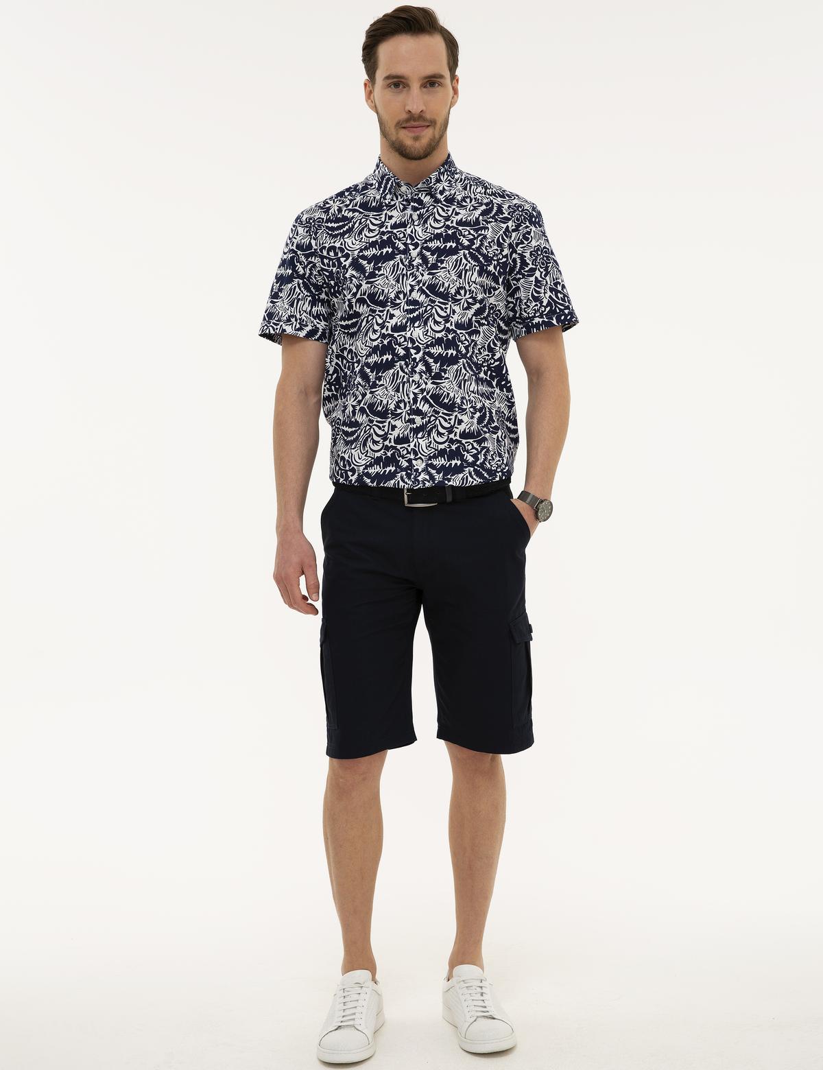 Lacivert Standart Fit Keten Karışımlı Kargo Cepli Bermuda Şort