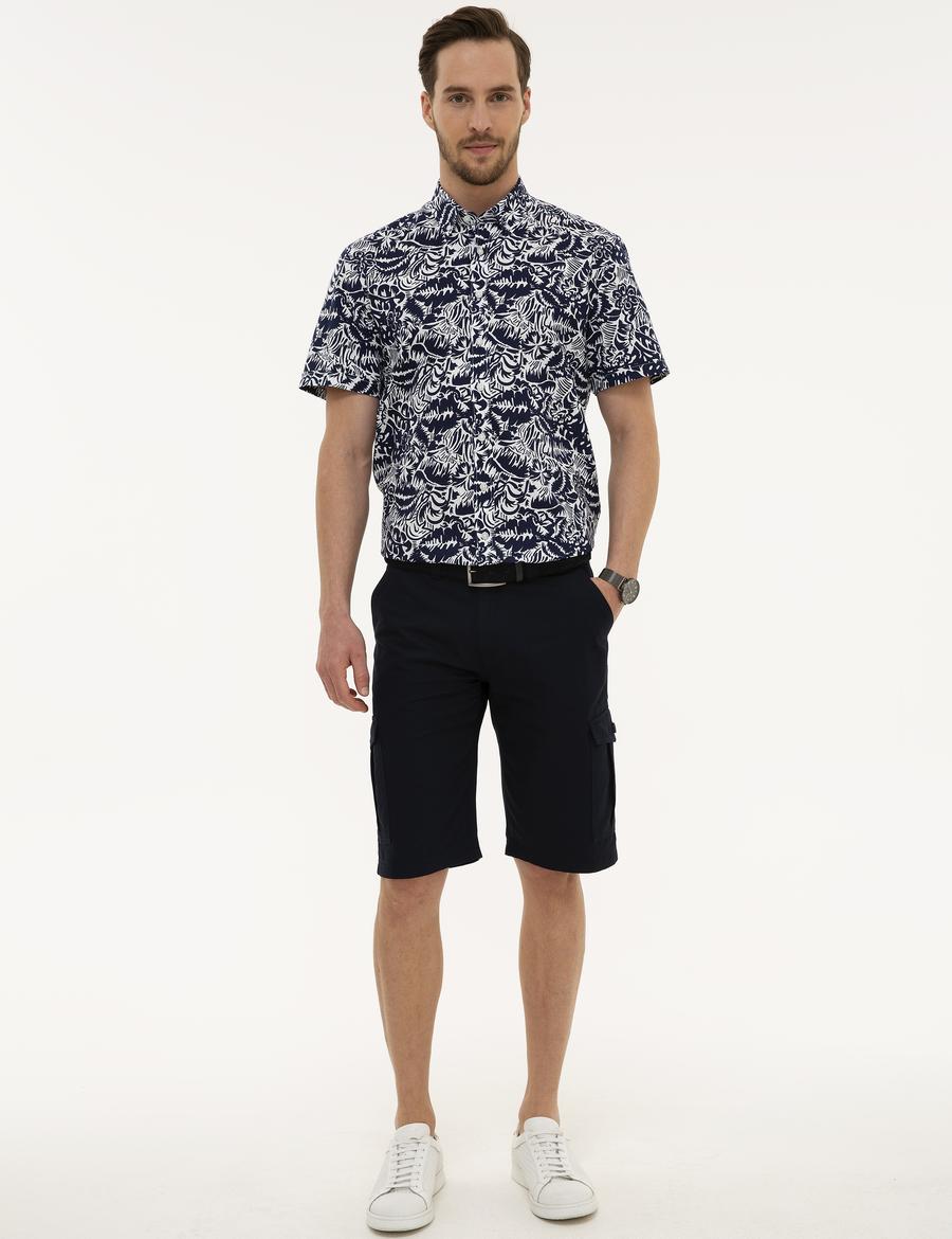 Lacivert Standart Fit Keten Karışımlı Kargo Cepli Bermuda Şort