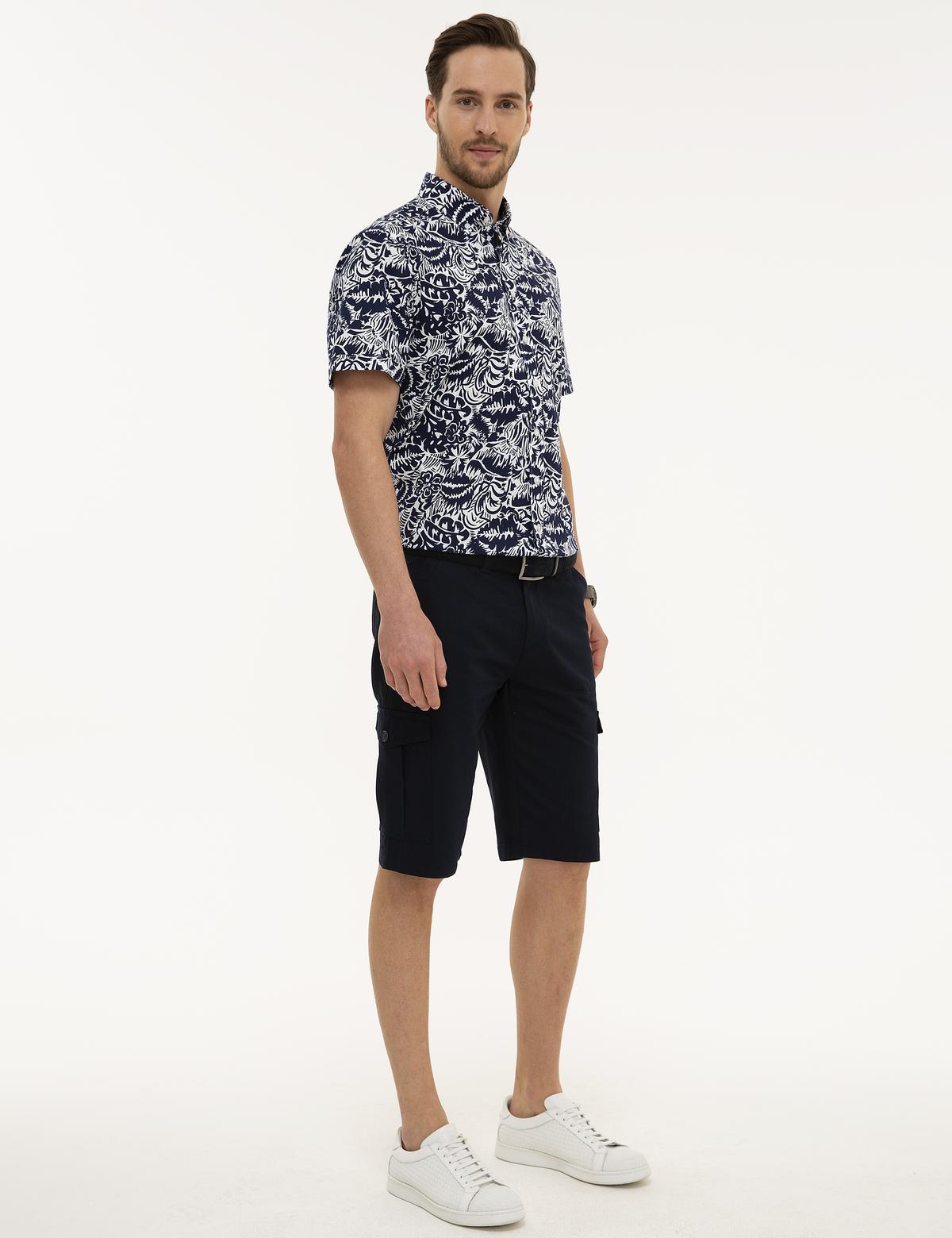 Lacivert Standart Fit Keten Karışımlı Kargo Cepli Bermuda Şort - 50220785038