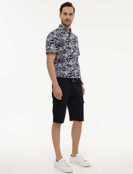 Lacivert Standart Fit Keten Karışımlı Kargo Cepli Bermuda Şort - 50220785038