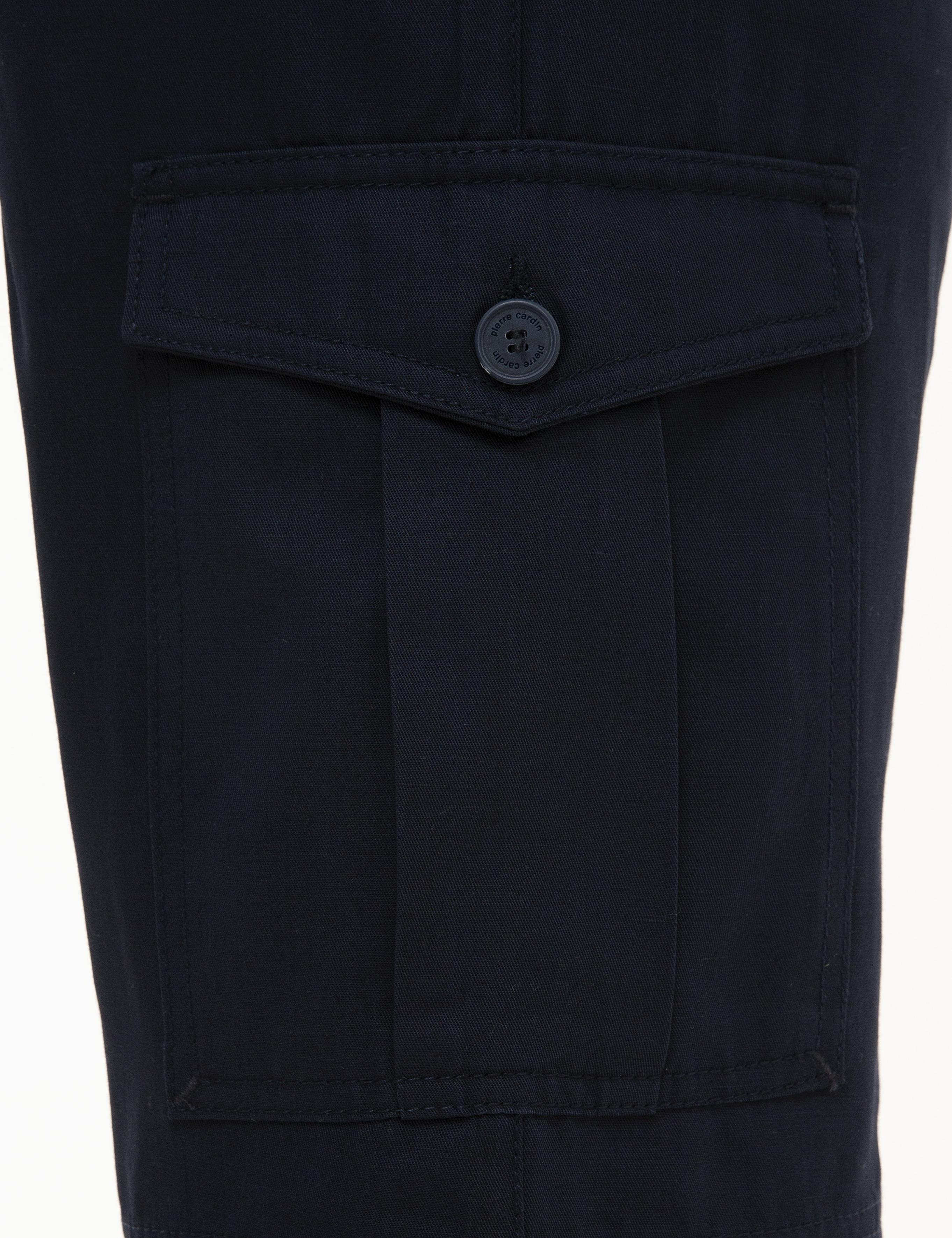 Lacivert Standart Fit Keten Karışımlı Kargo Cepli Bermuda Şort