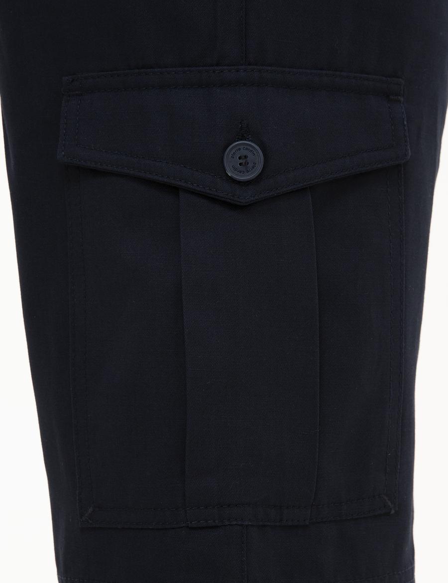 Lacivert Standart Fit Keten Karışımlı Kargo Cepli Bermuda Şort