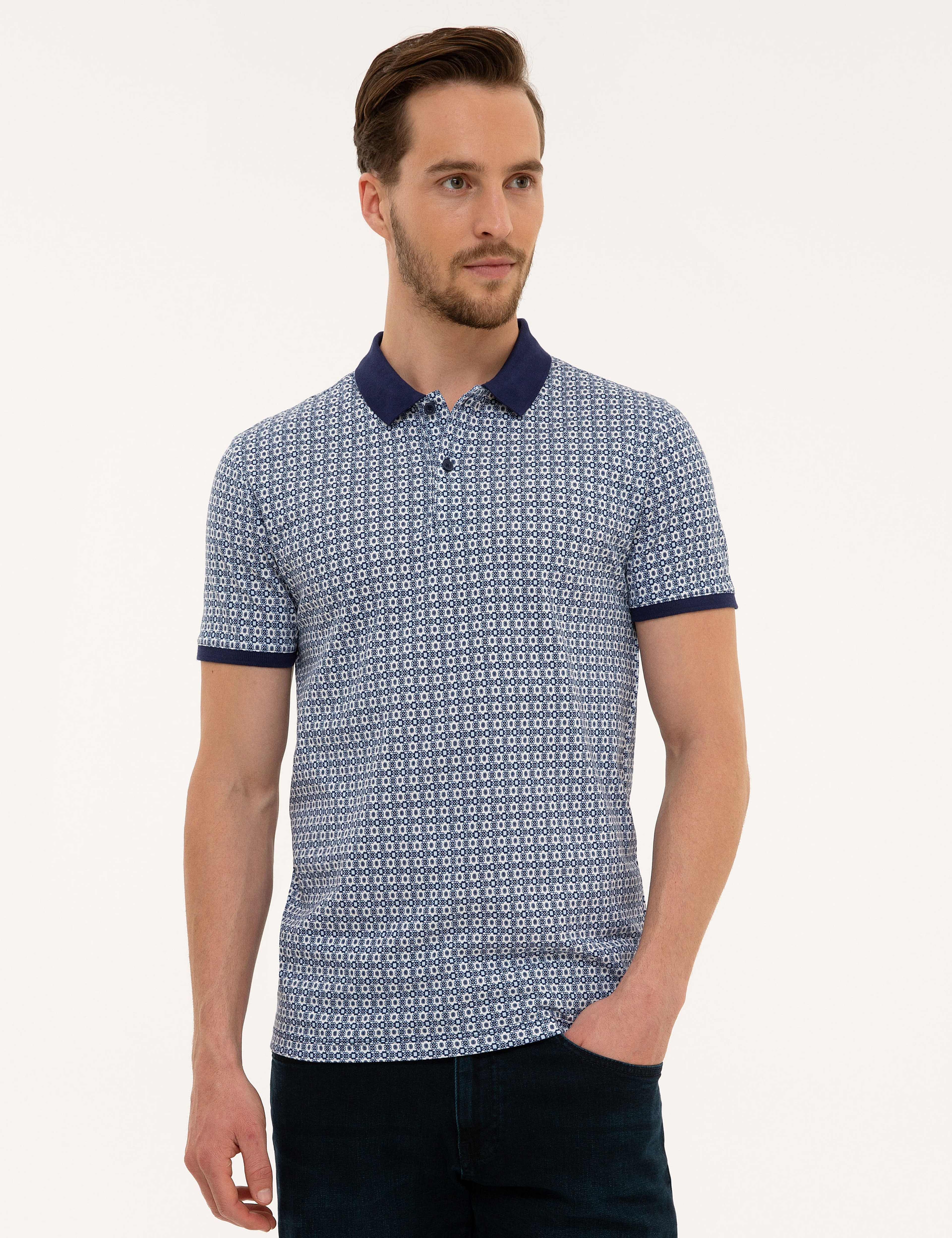 Lacivert Slim Fit Baskılı Polo Yaka Tişört - Image 1