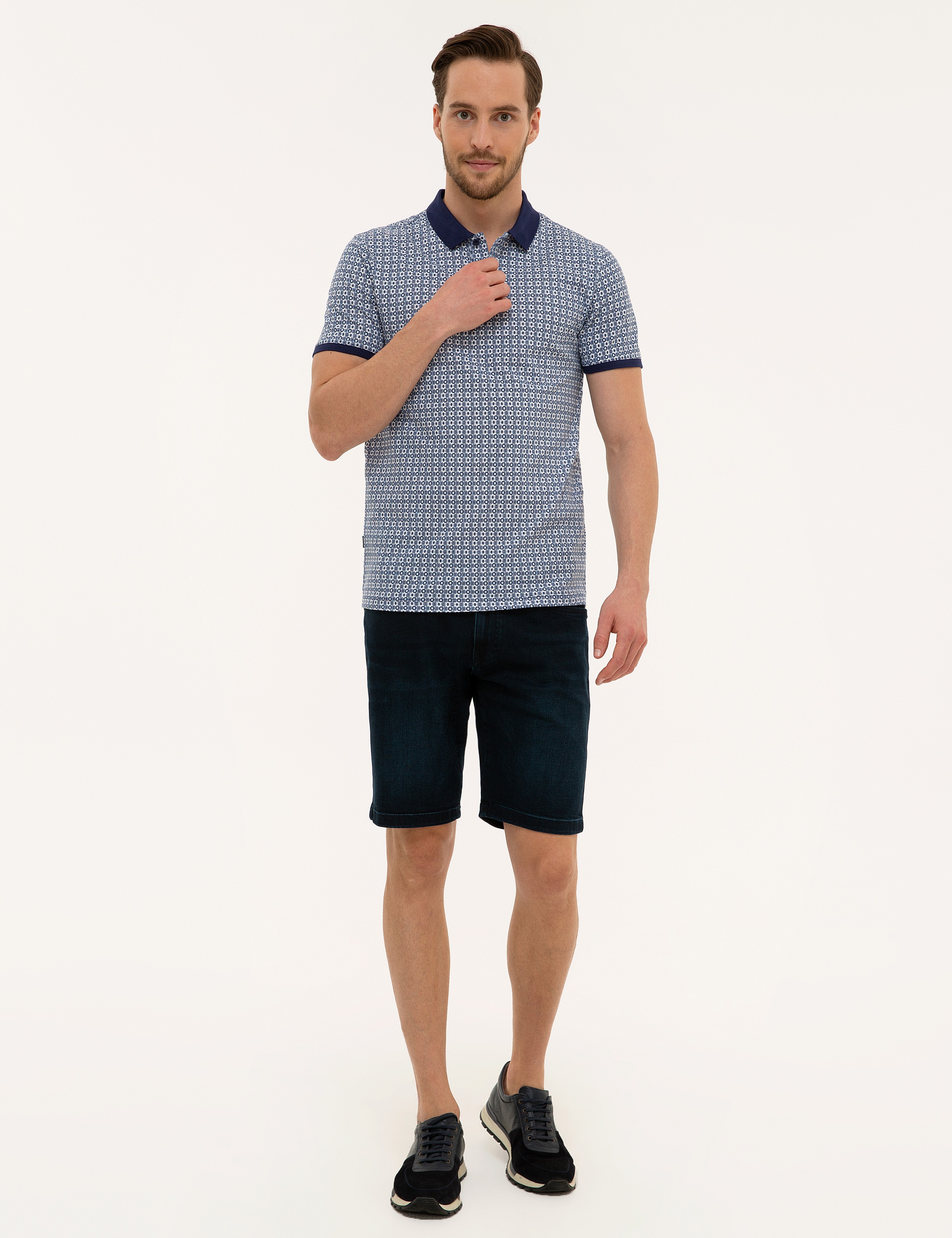 Lacivert Slim Fit Baskılı Polo Yaka Tişört