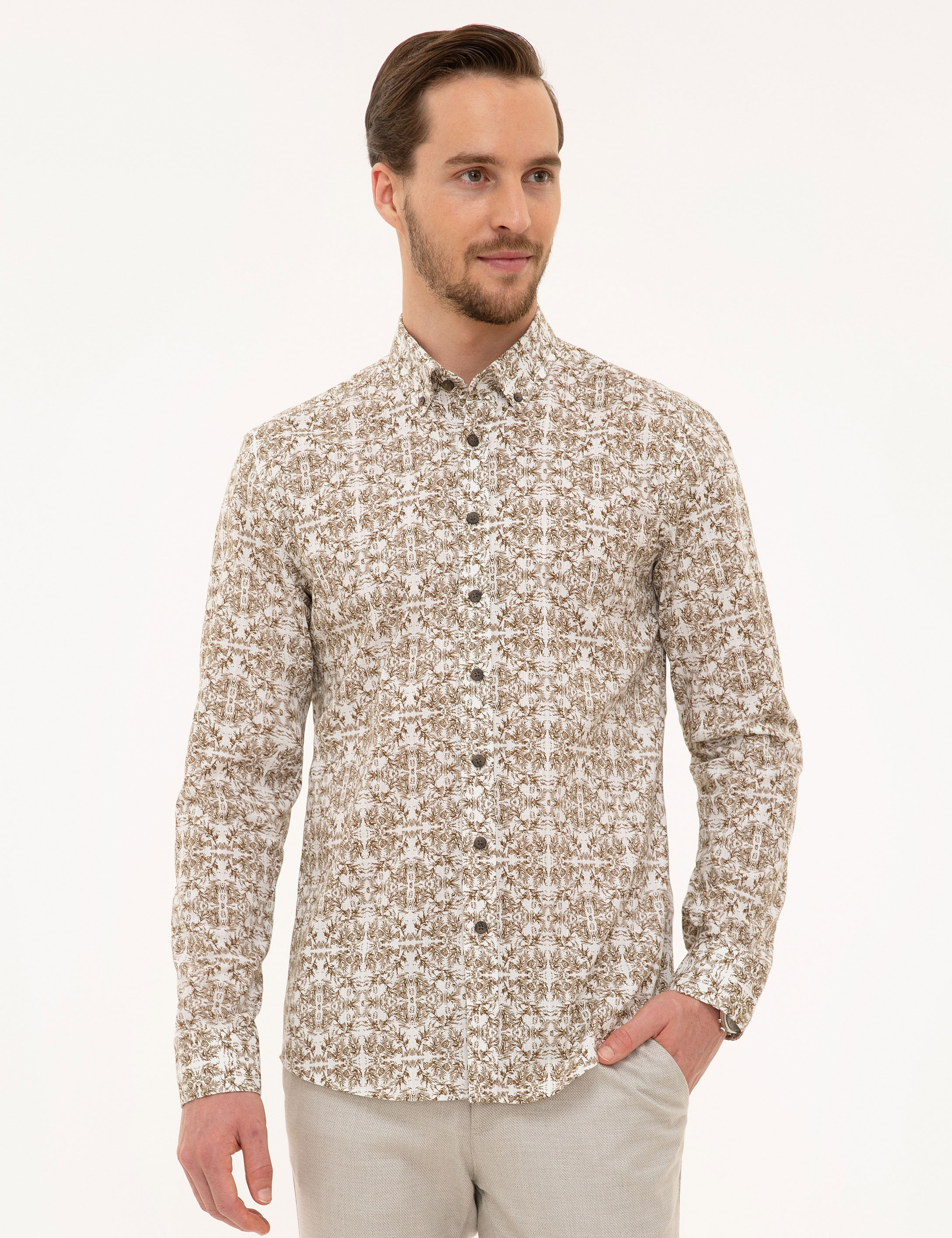 Kahverengi Slim Fit Uzun Kollu Gömlek