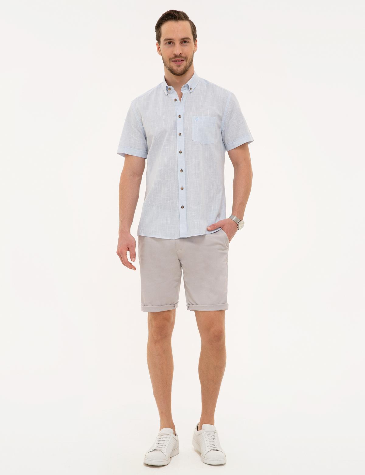 Açık Mavi Regular Fit Keten Görünümlü Kısa Kollu Gömlek - 50227445009