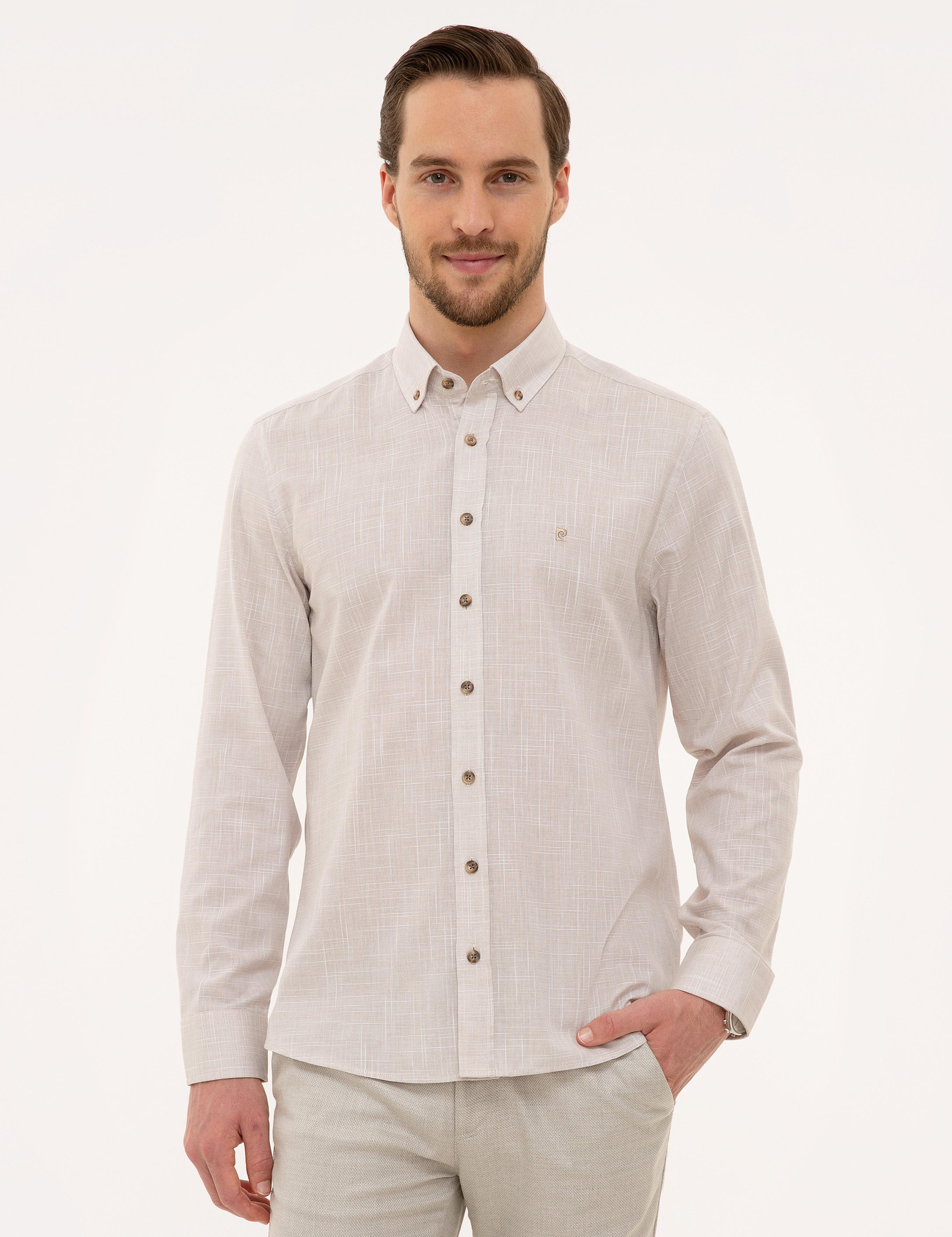 Bej Slim Fit Keten Görünümlü Gömlek