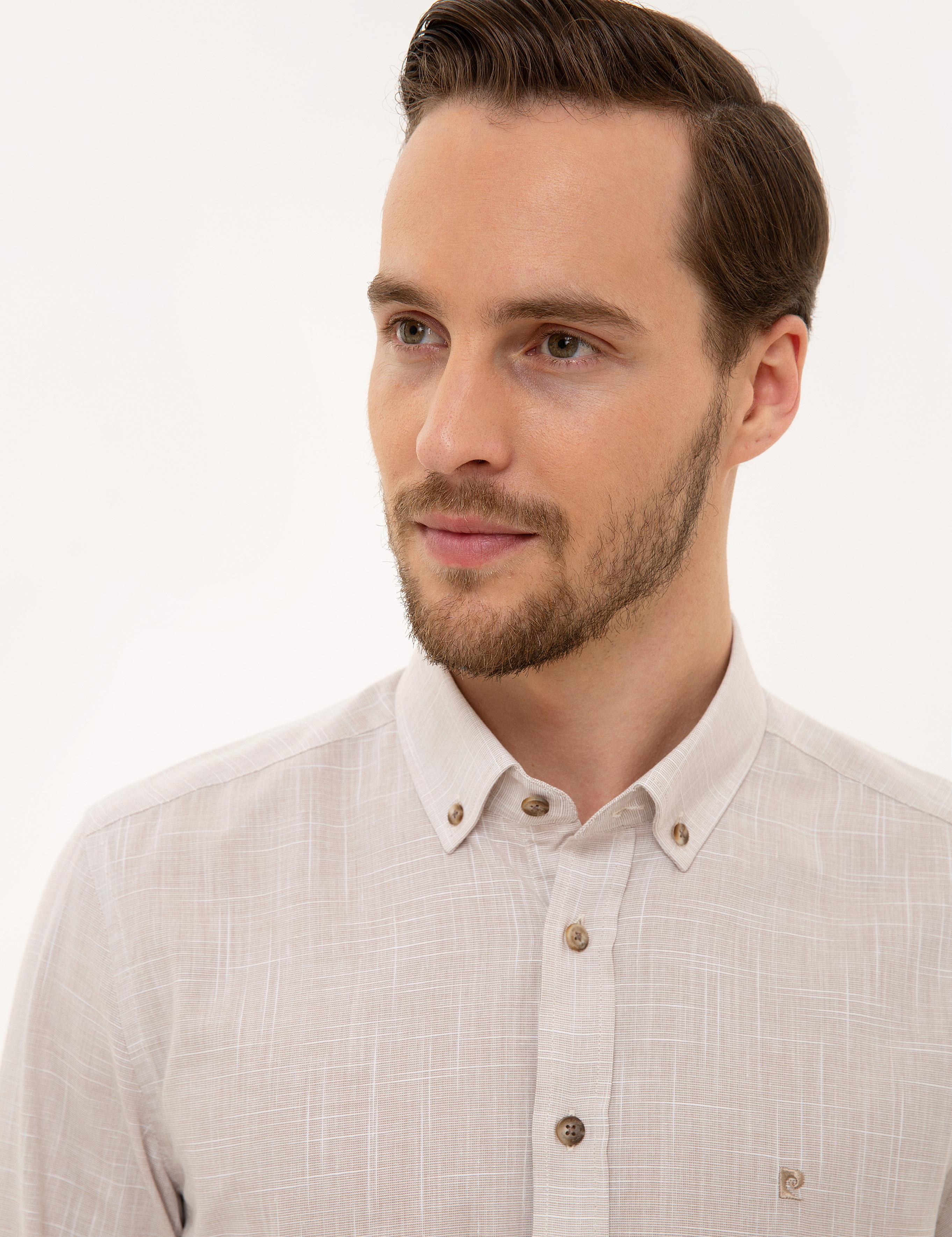 Bej Slim Fit Keten Görünümlü Gömlek