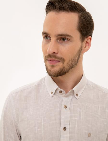 Bej Slim Fit Keten Görünümlü Gömlek - 50227444028
