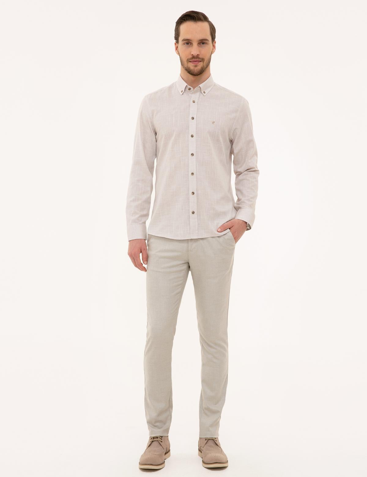 Bej Slim Fit Keten Görünümlü Gömlek - 50227444028