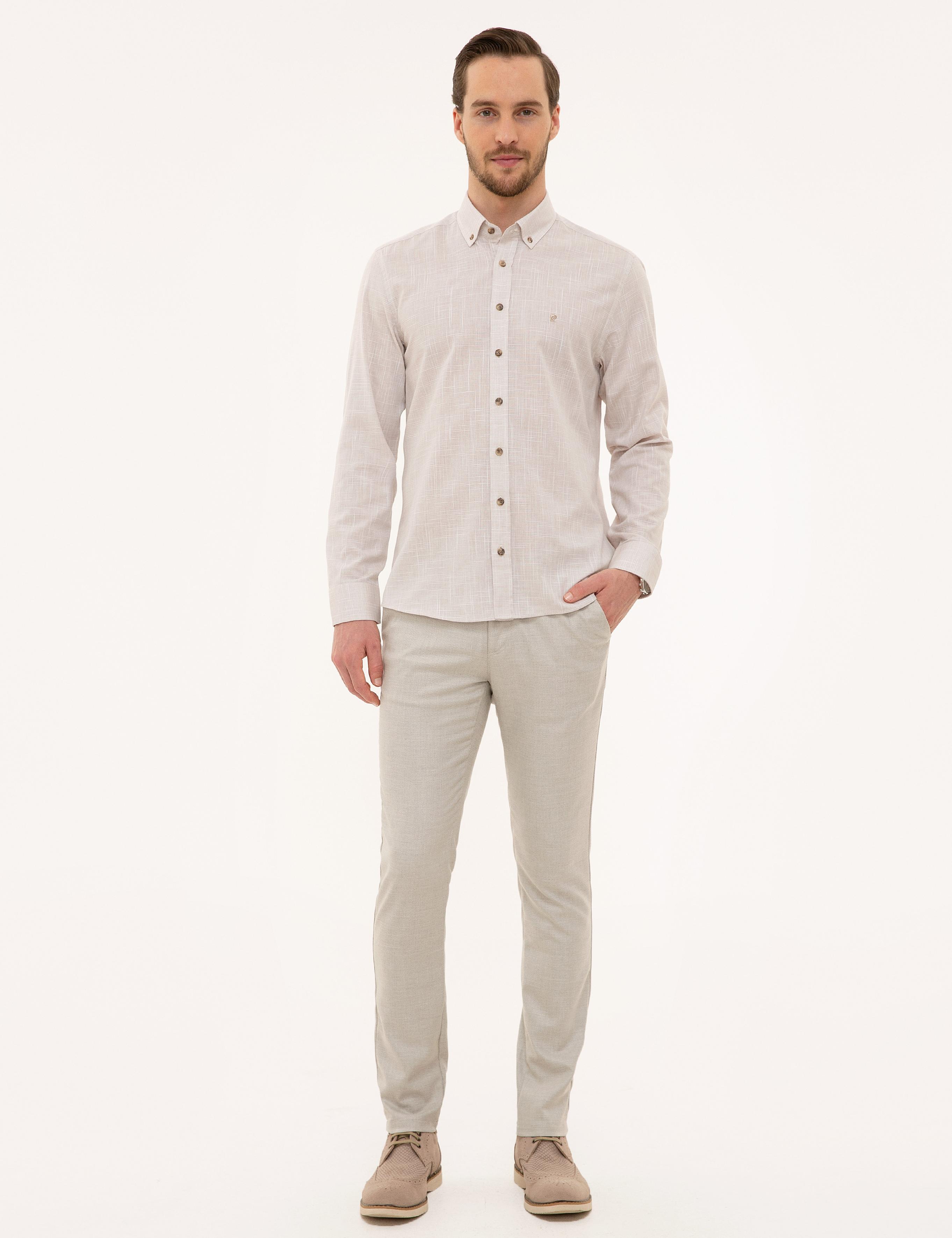 Bej Slim Fit Keten Görünümlü Gömlek