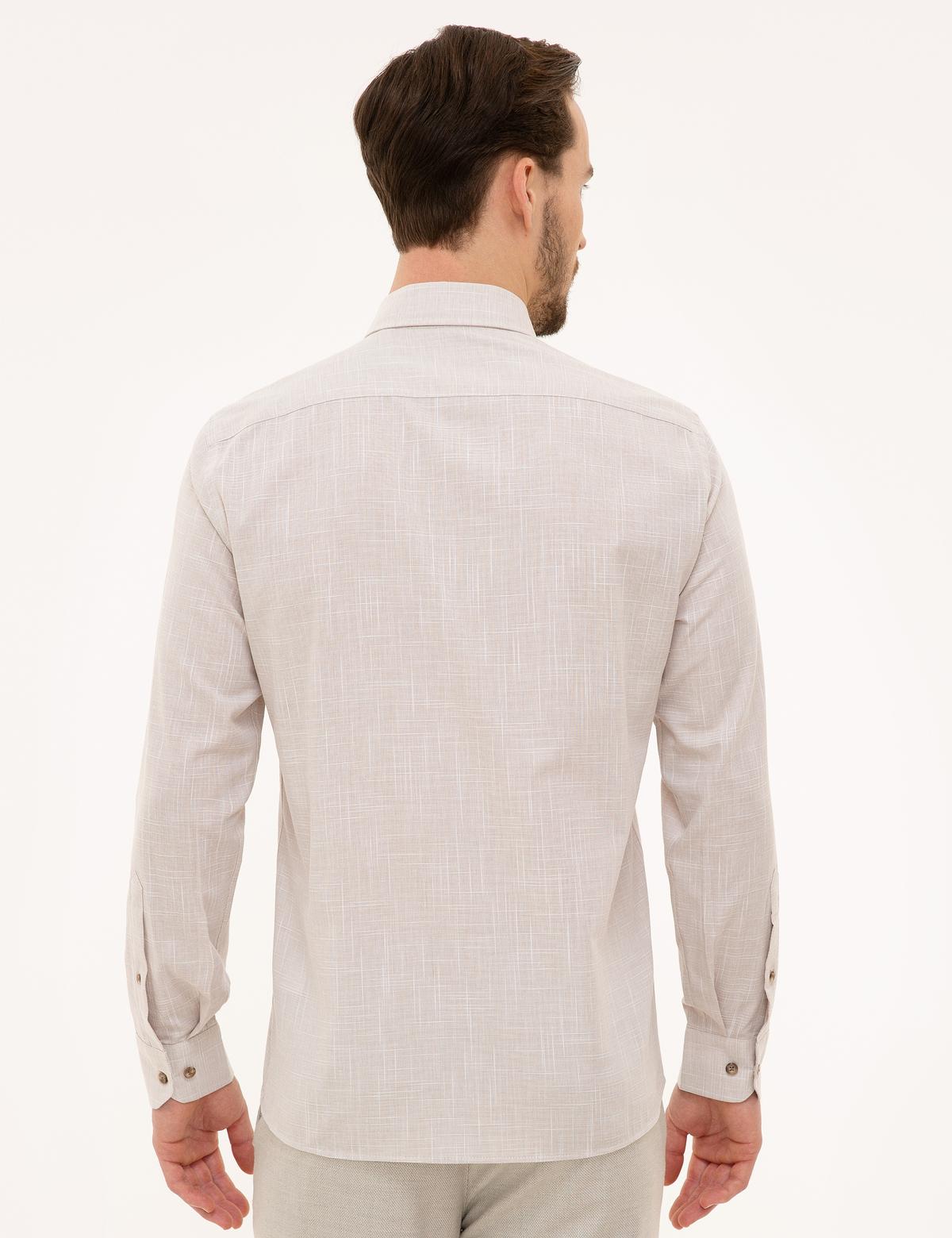 Bej Slim Fit Keten Görünümlü Gömlek - 50227444028