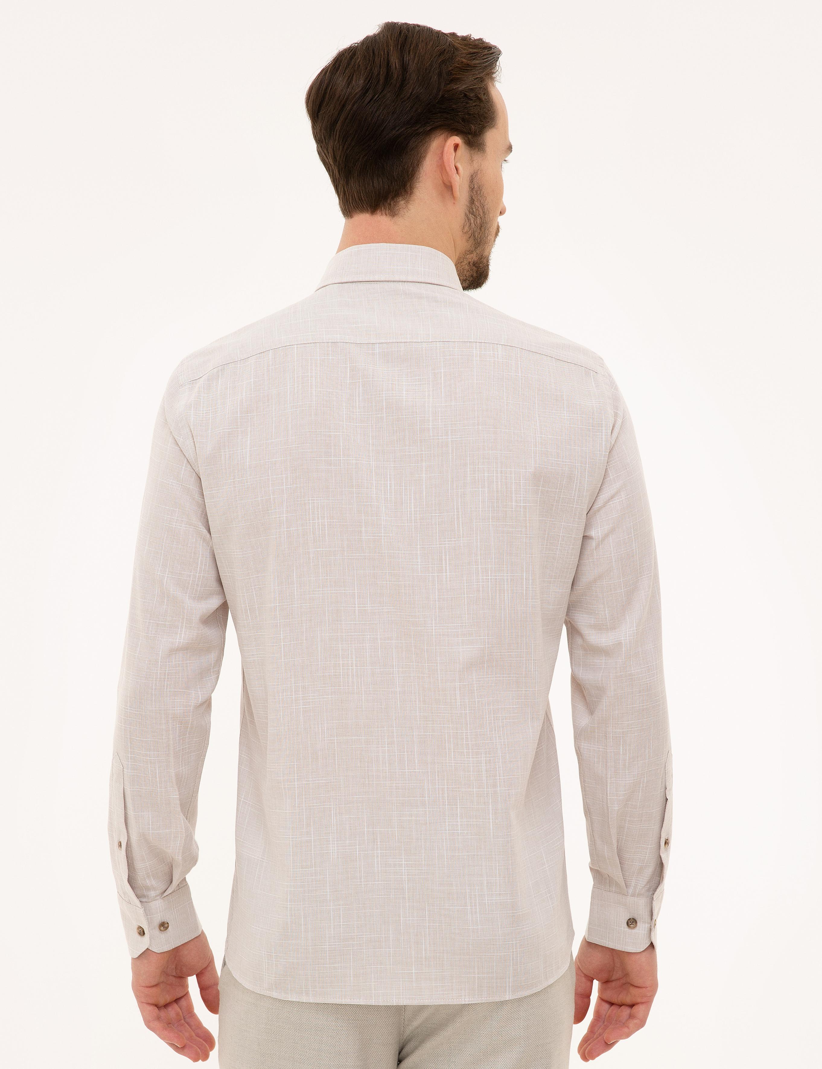 Bej Slim Fit Keten Görünümlü Gömlek