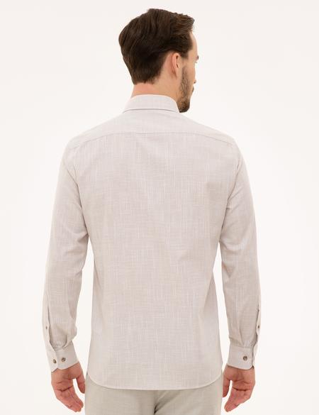 Bej Slim Fit Keten Görünümlü Gömlek - 50227444028