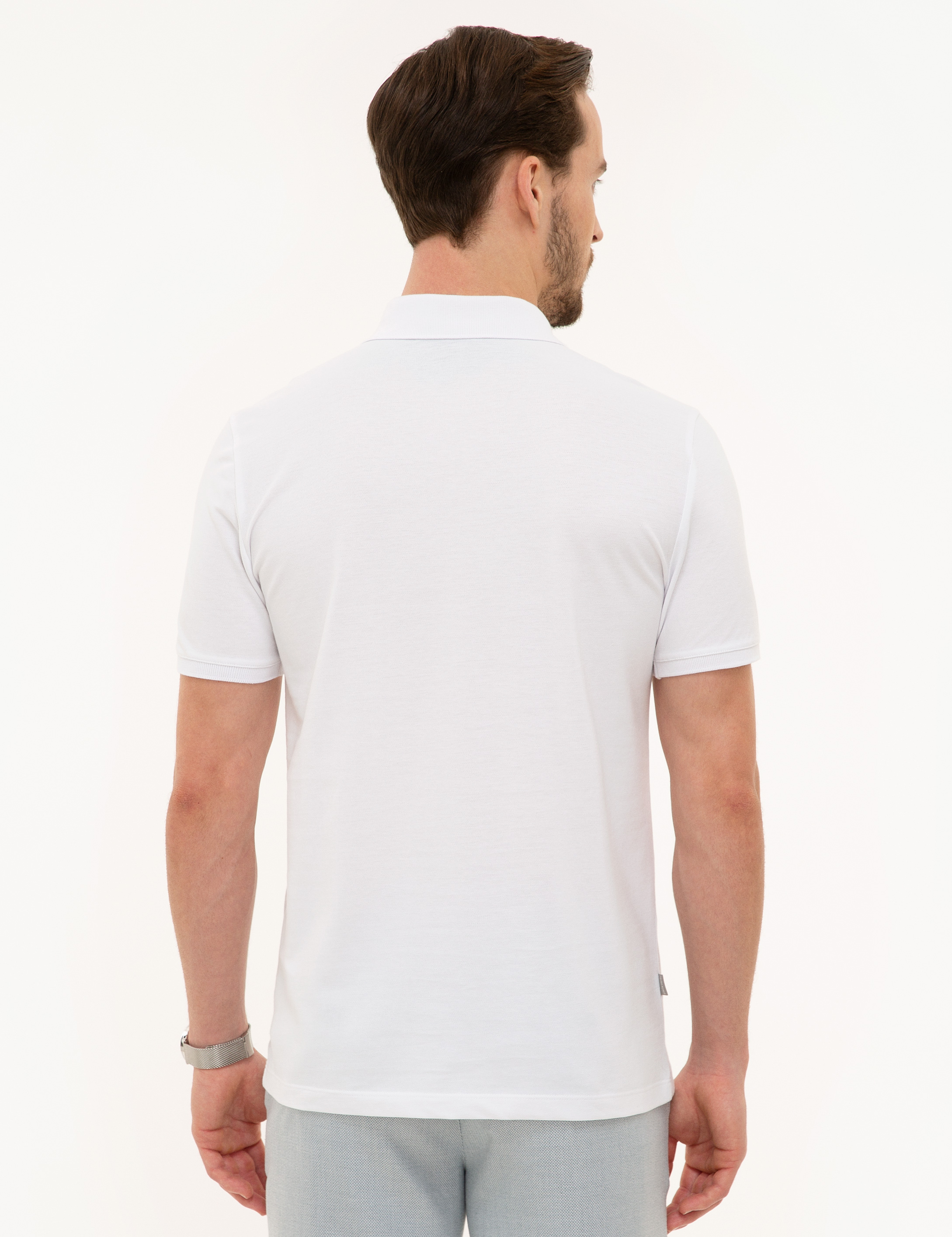 Beyaz Slim Fit Polo Yaka Basic Tişört - Image 4