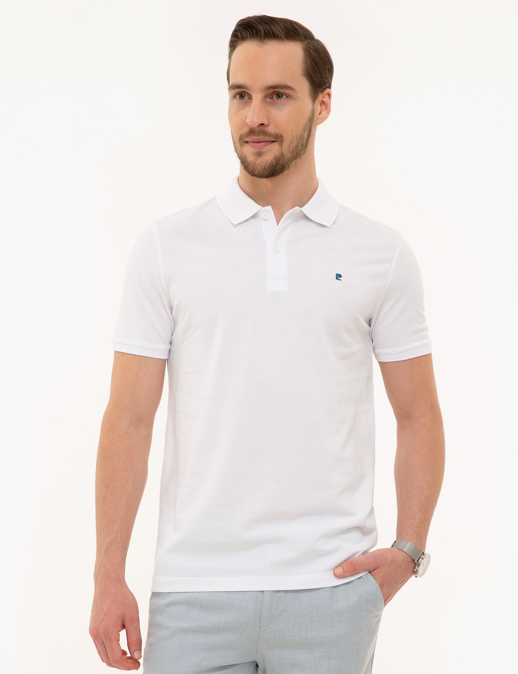 Beyaz Slim Fit Polo Yaka Basic Tişört - Image 2