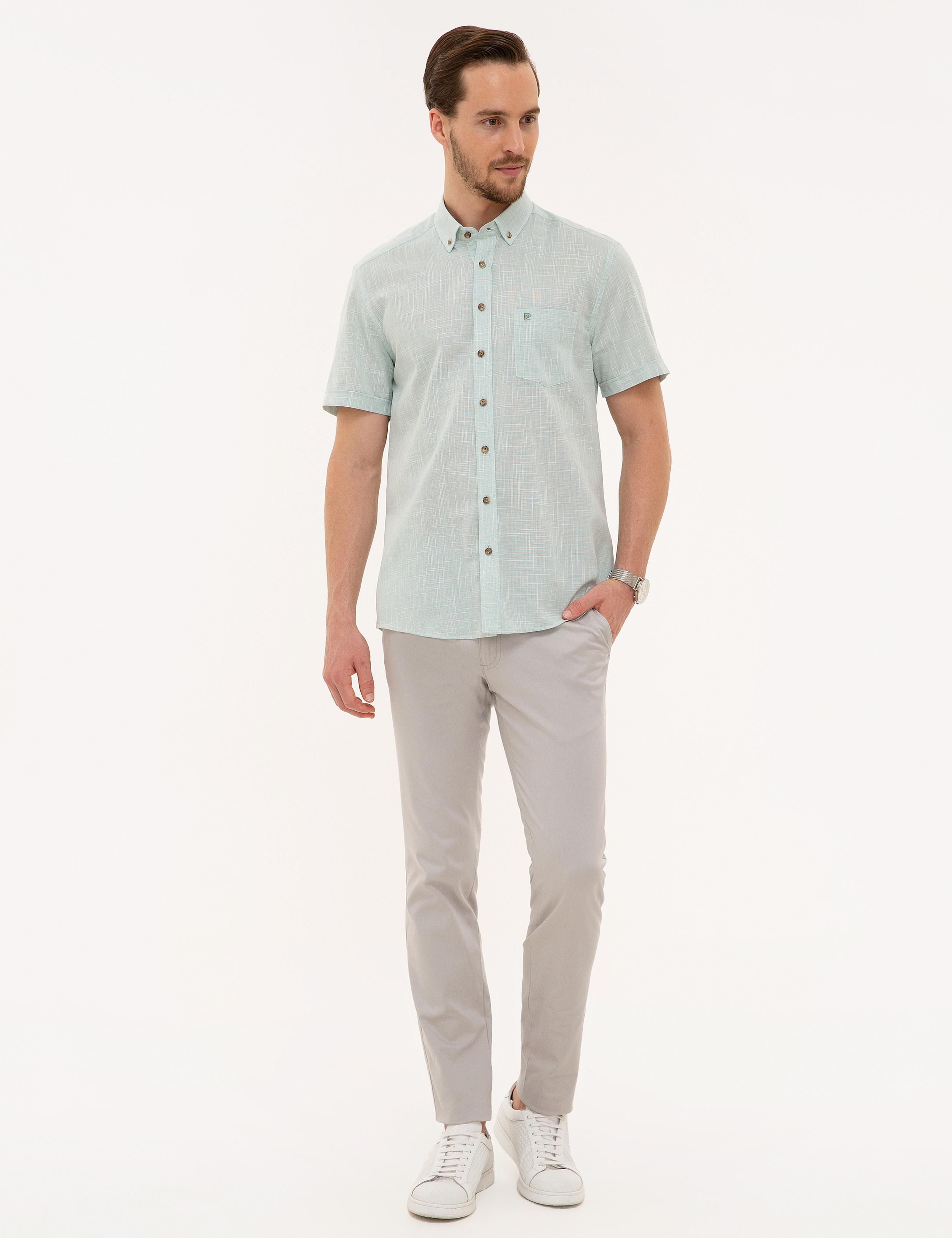 Yeşil Regular Fit Keten Görünümlü Kısa Kollu Gömlek