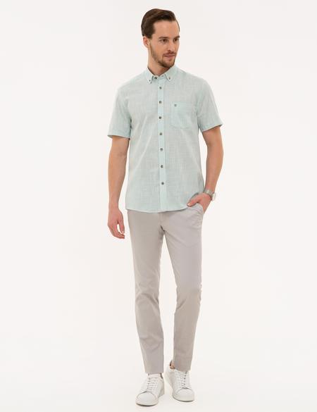 Yeşil Regular Fit Keten Görünümlü Kısa Kollu Gömlek - 50227445018