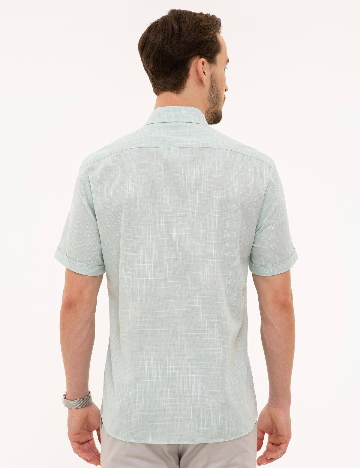 Yeşil Regular Fit Keten Görünümlü Kısa Kollu Gömlek - 50227445018