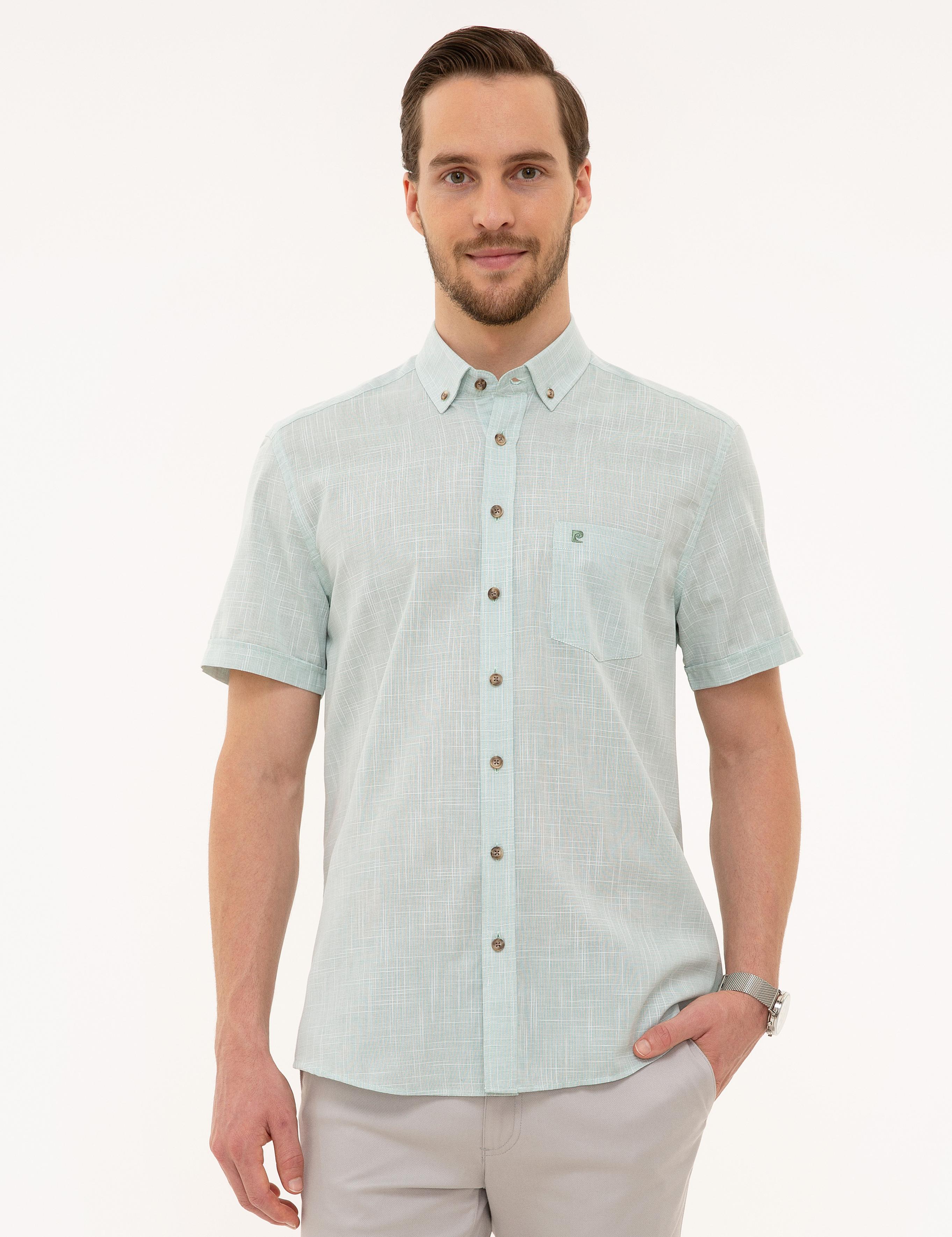 Yeşil Regular Fit Keten Görünümlü Kısa Kollu Gömlek