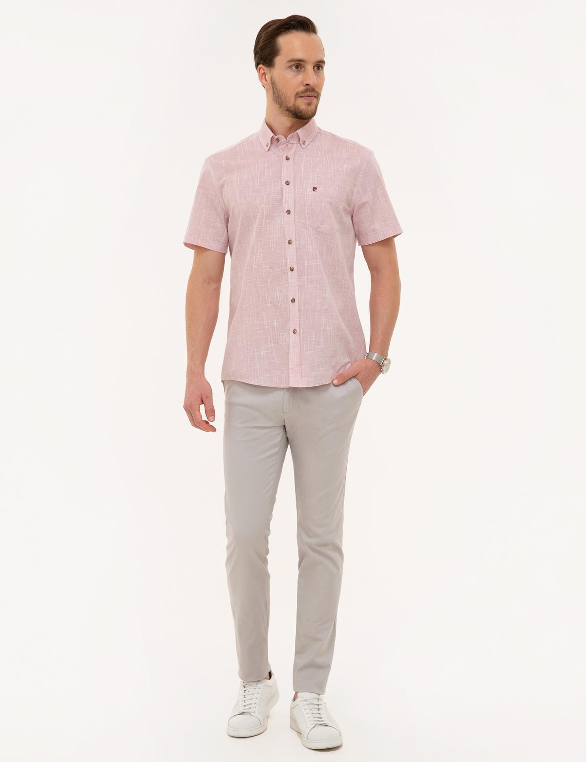 Bordo Regular Fit Keten Görünümlü Kısa Kollu Gömlek - 50227445039