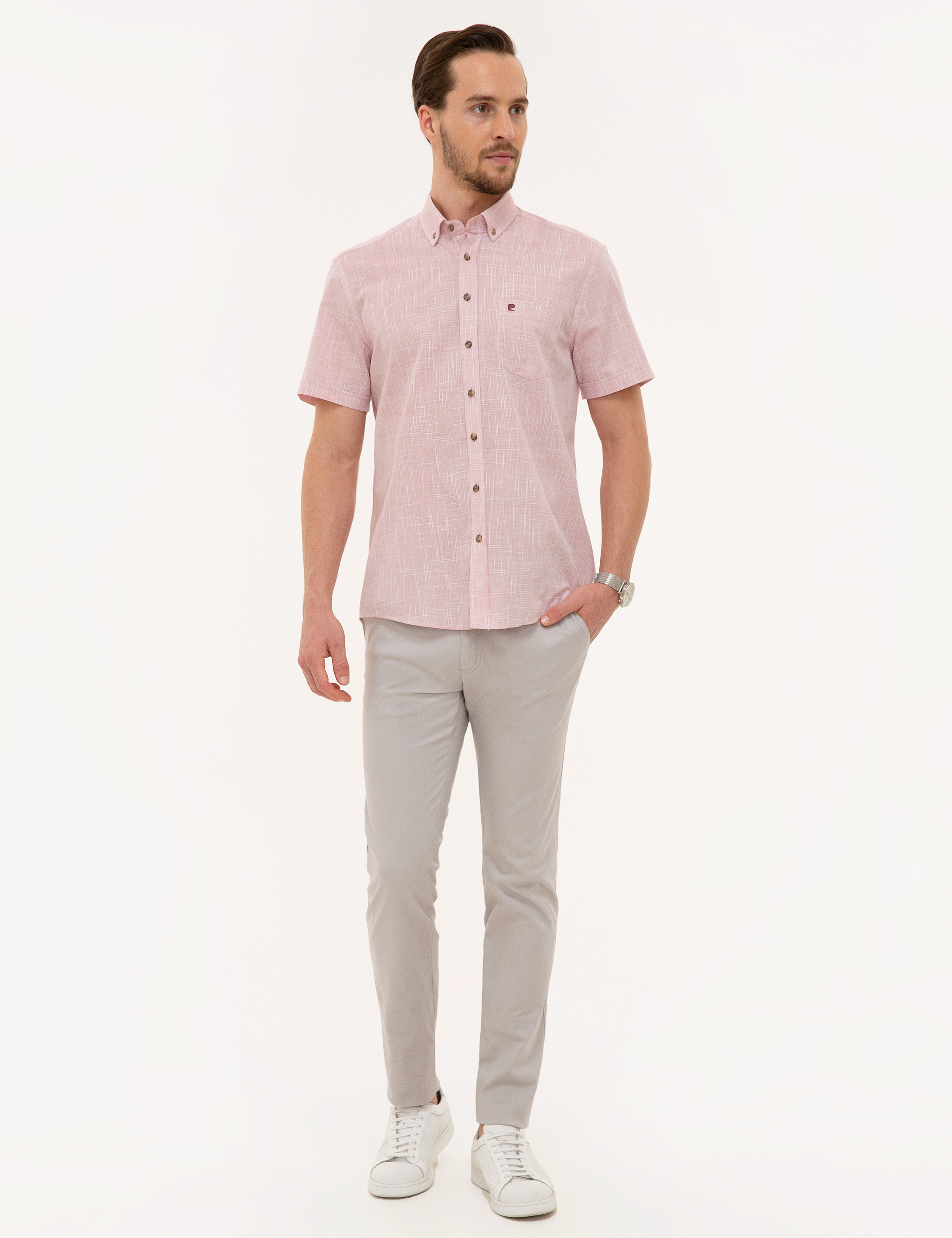 Bordo Regular Fit Keten Görünümlü Kısa Kollu Gömlek - Image 3