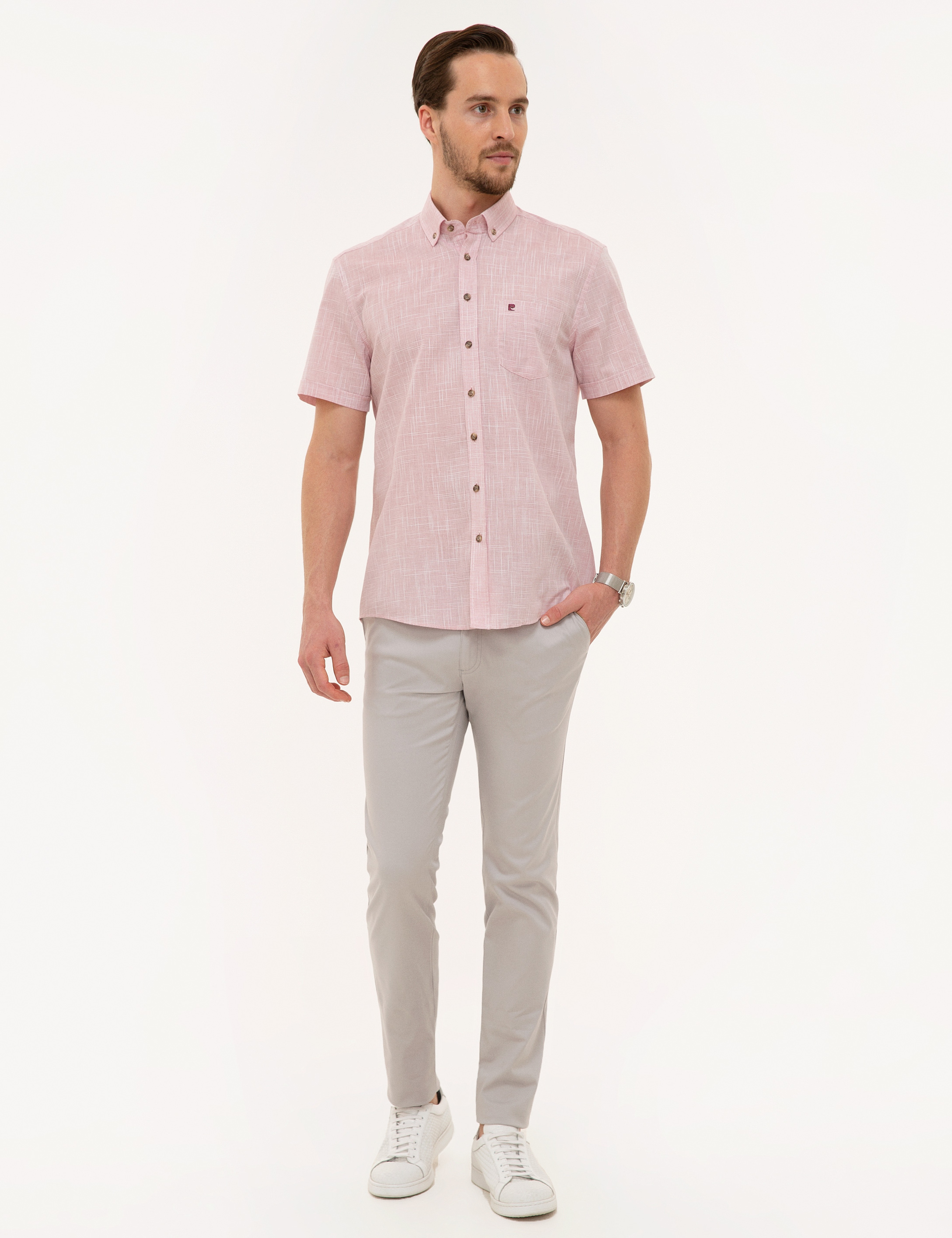 Bordo Regular Fit Keten Görünümlü Kısa Kollu Gömlek