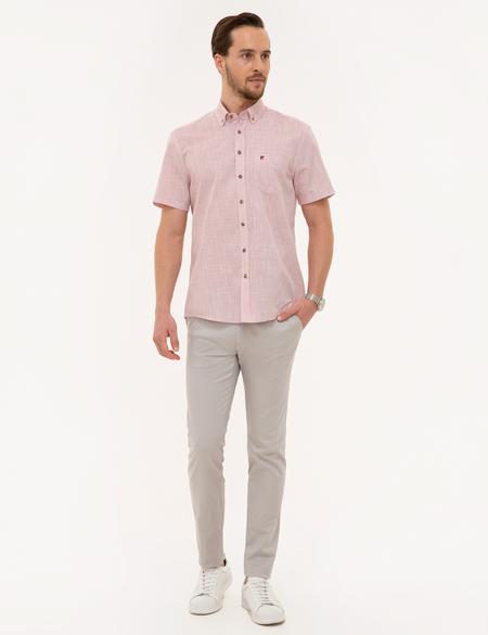 Bordo Regular Fit Keten Görünümlü Kısa Kollu Gömlek - 50227445039