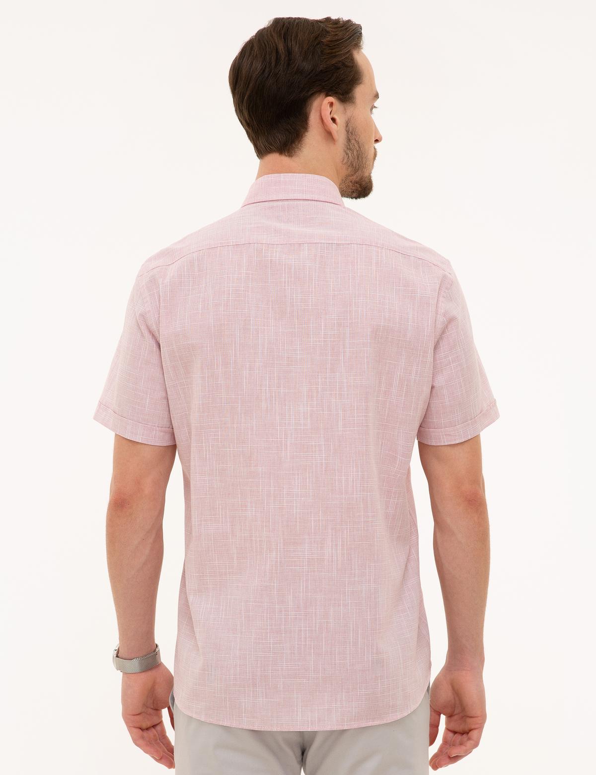 Bordo Regular Fit Keten Görünümlü Kısa Kollu Gömlek - 50227445039