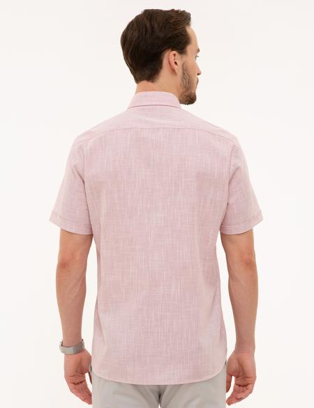 Bordo Regular Fit Keten Görünümlü Kısa Kollu Gömlek - 50227445039
